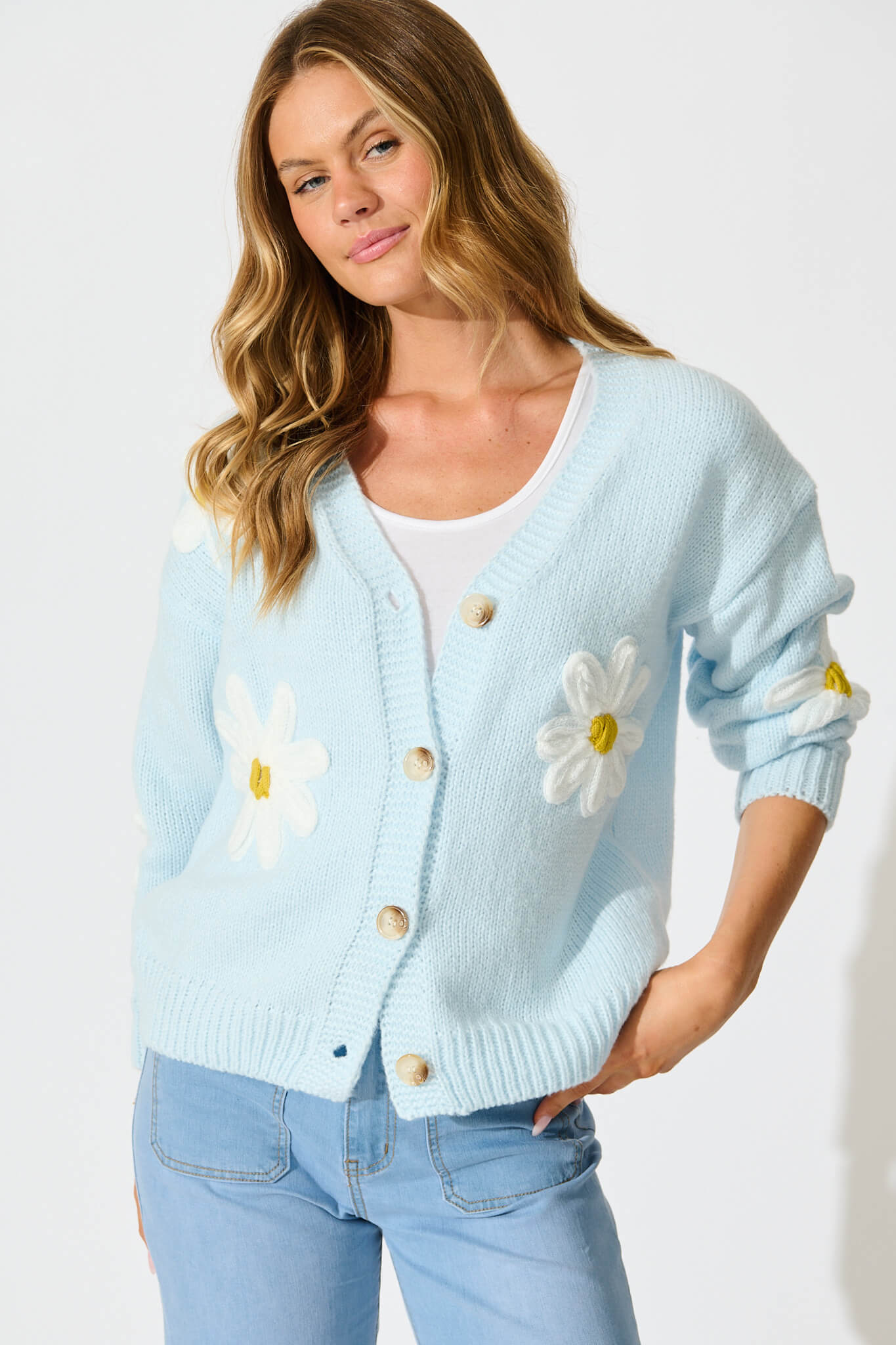 Allona Knit Cardigan in Blue With White Flowers Wool Blend