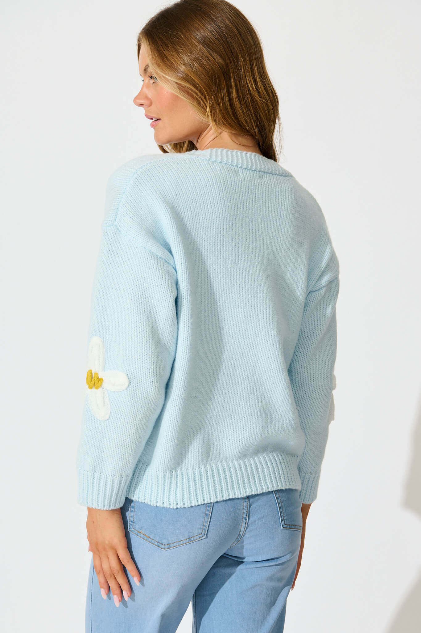 Allona Knit Cardigan in Blue With White Flowers Wool Blend