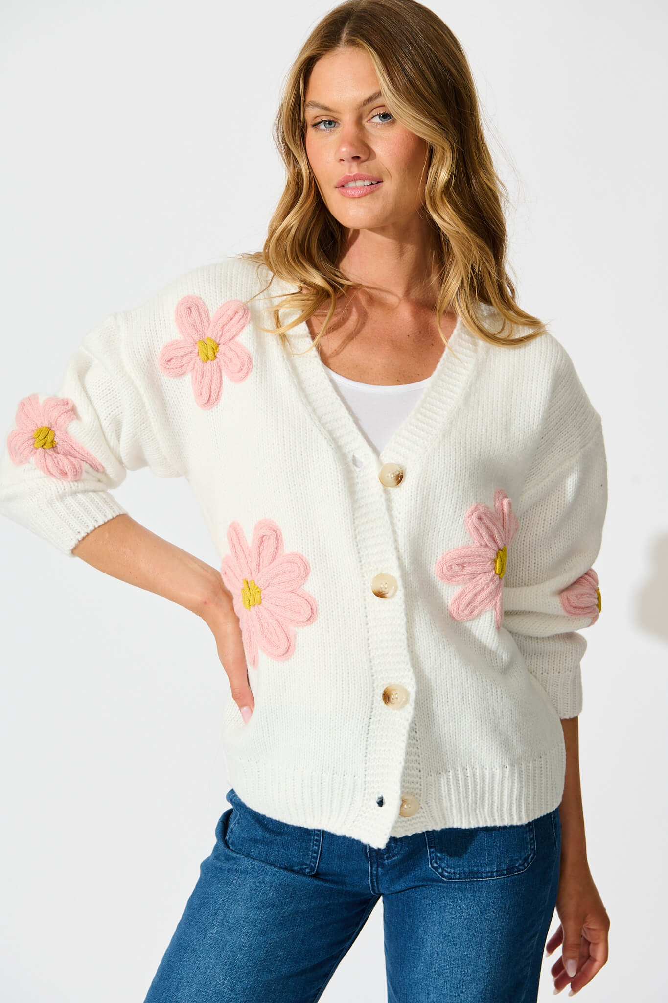 Allona Knit Cardigan In White With Pink Flowers Wool Blend