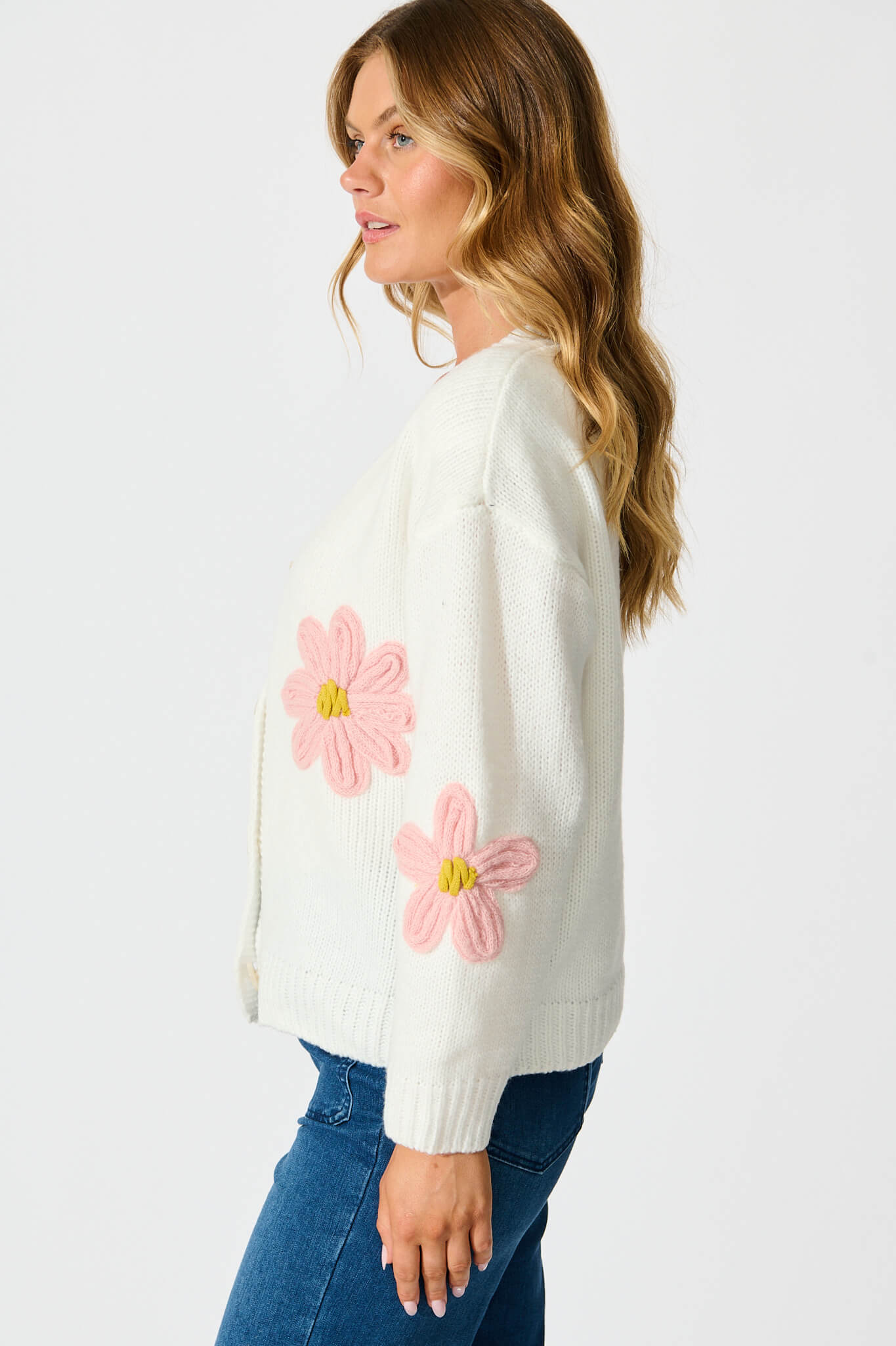 Allona Knit Cardigan In White With Pink Flowers Wool Blend