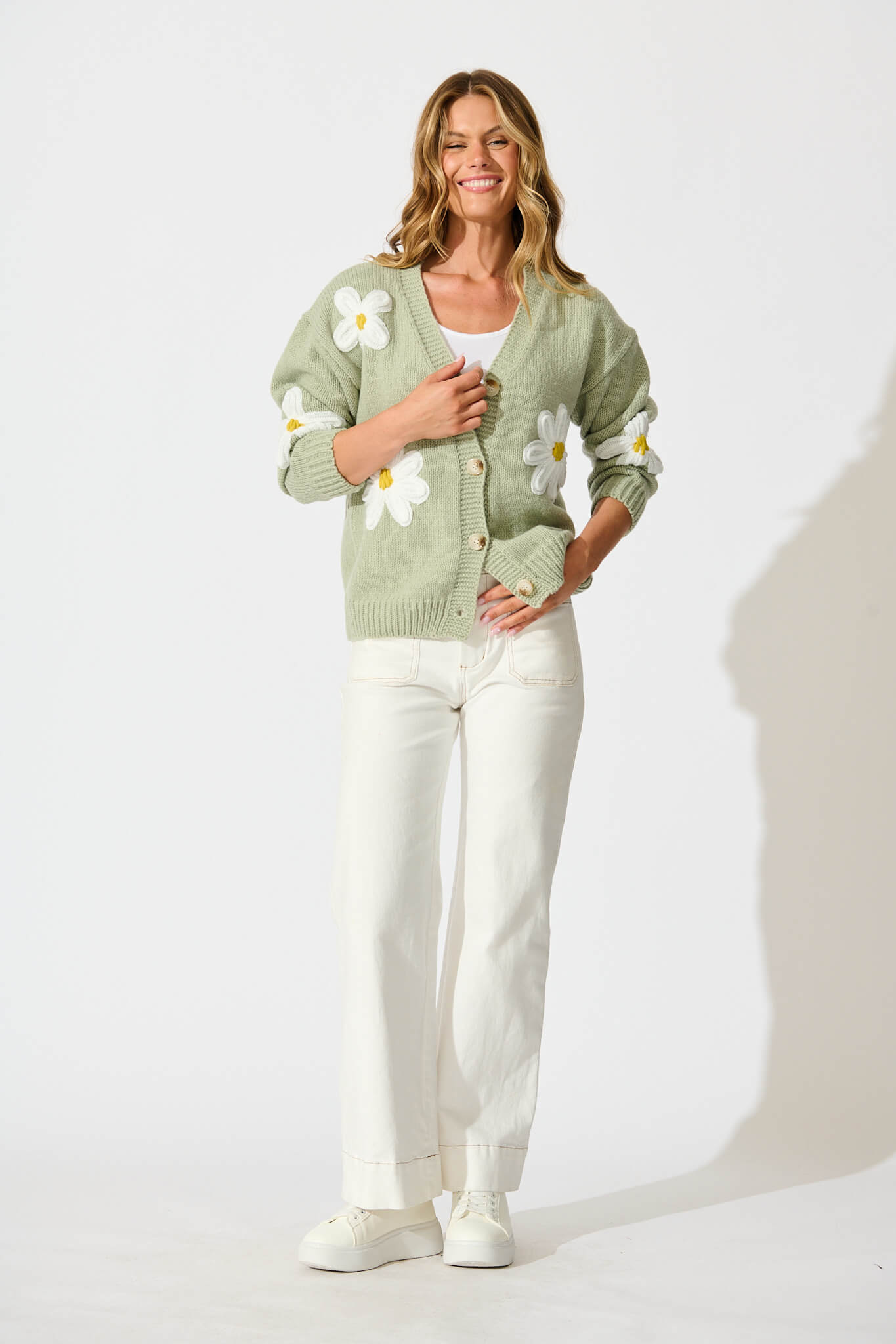 Allona Knit Cardigan in Sage With White Flowers Wool Blend