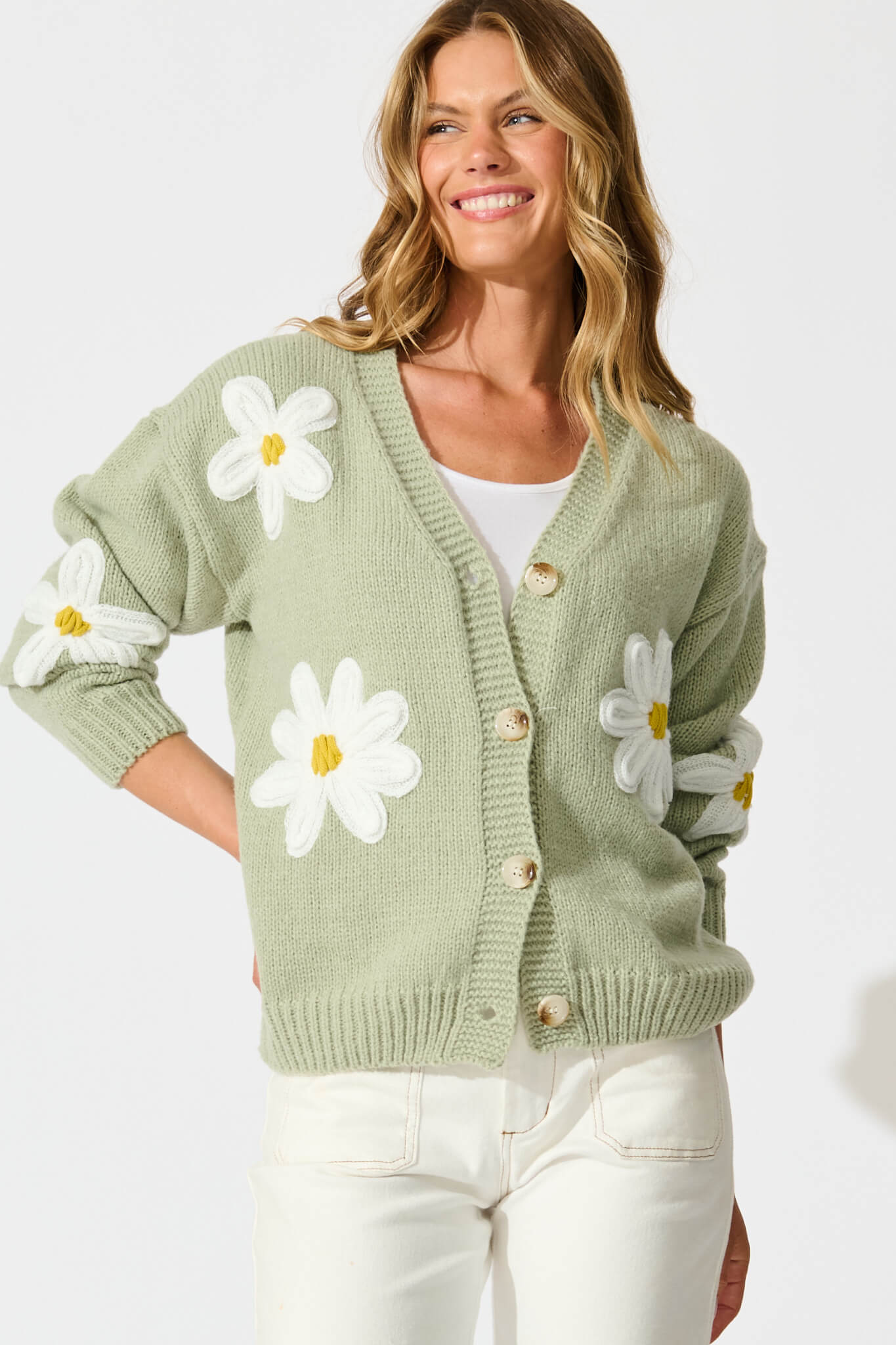 Allona Knit Cardigan in Sage With White Flowers Wool Blend