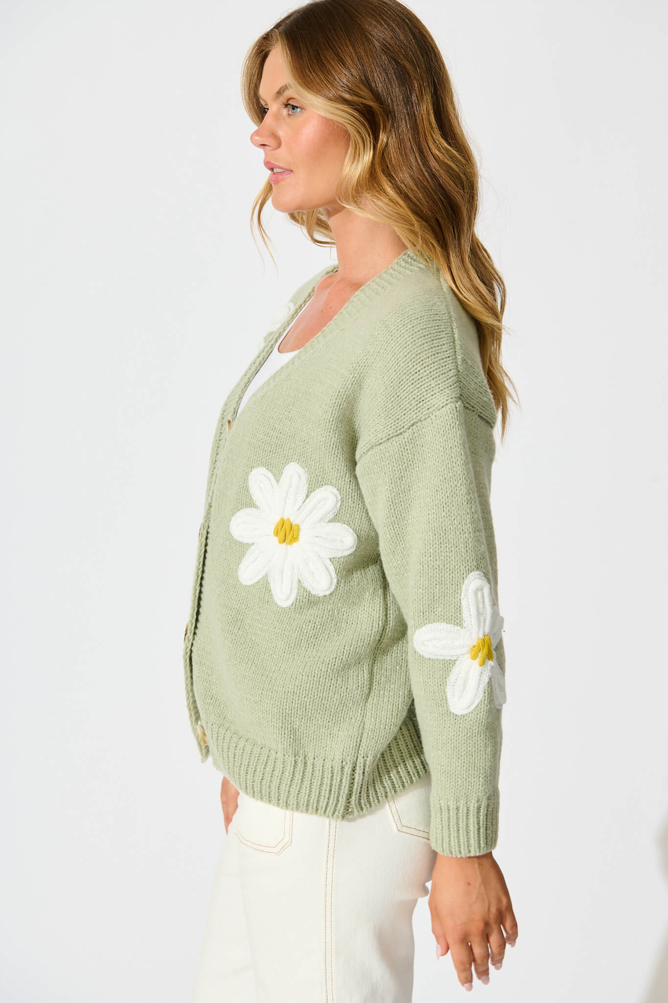 Allona Knit Cardigan in Sage With White Flowers Wool Blend