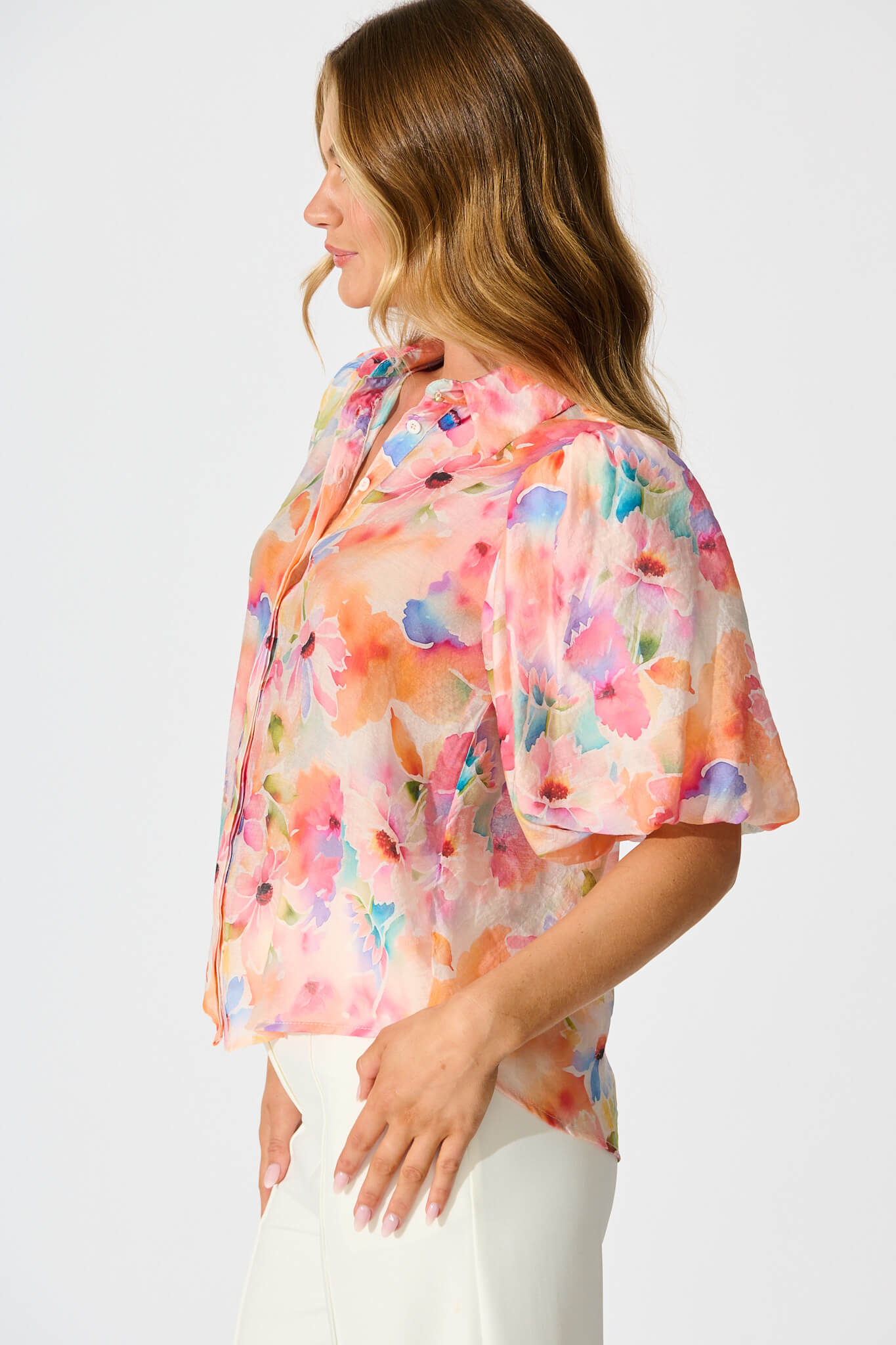 Aeryn Shirt In Orange Watercolour Floral