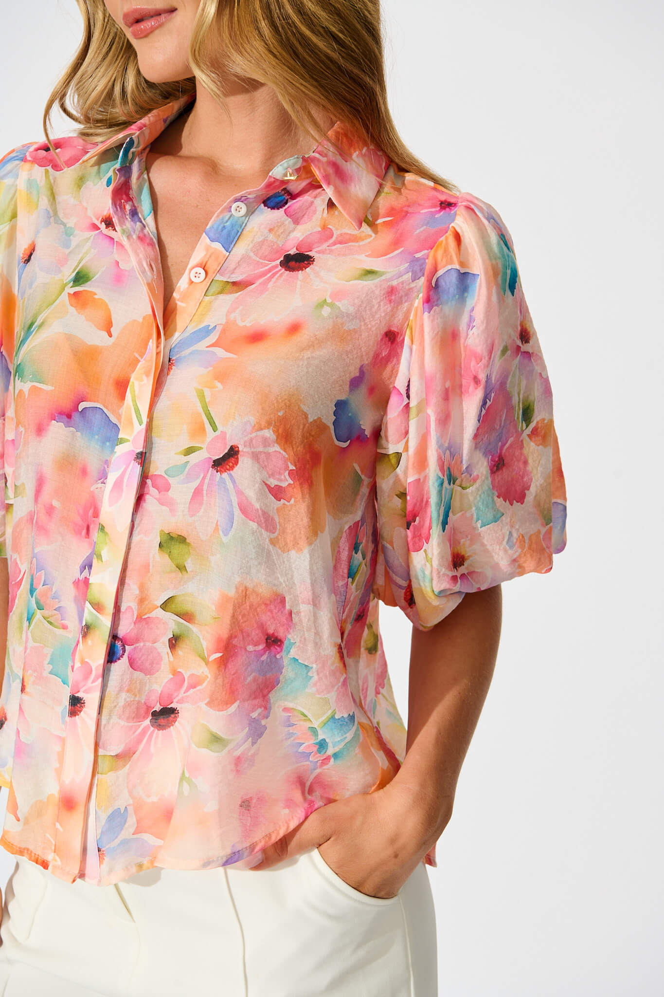 Aeryn Shirt In Orange Watercolour Floral