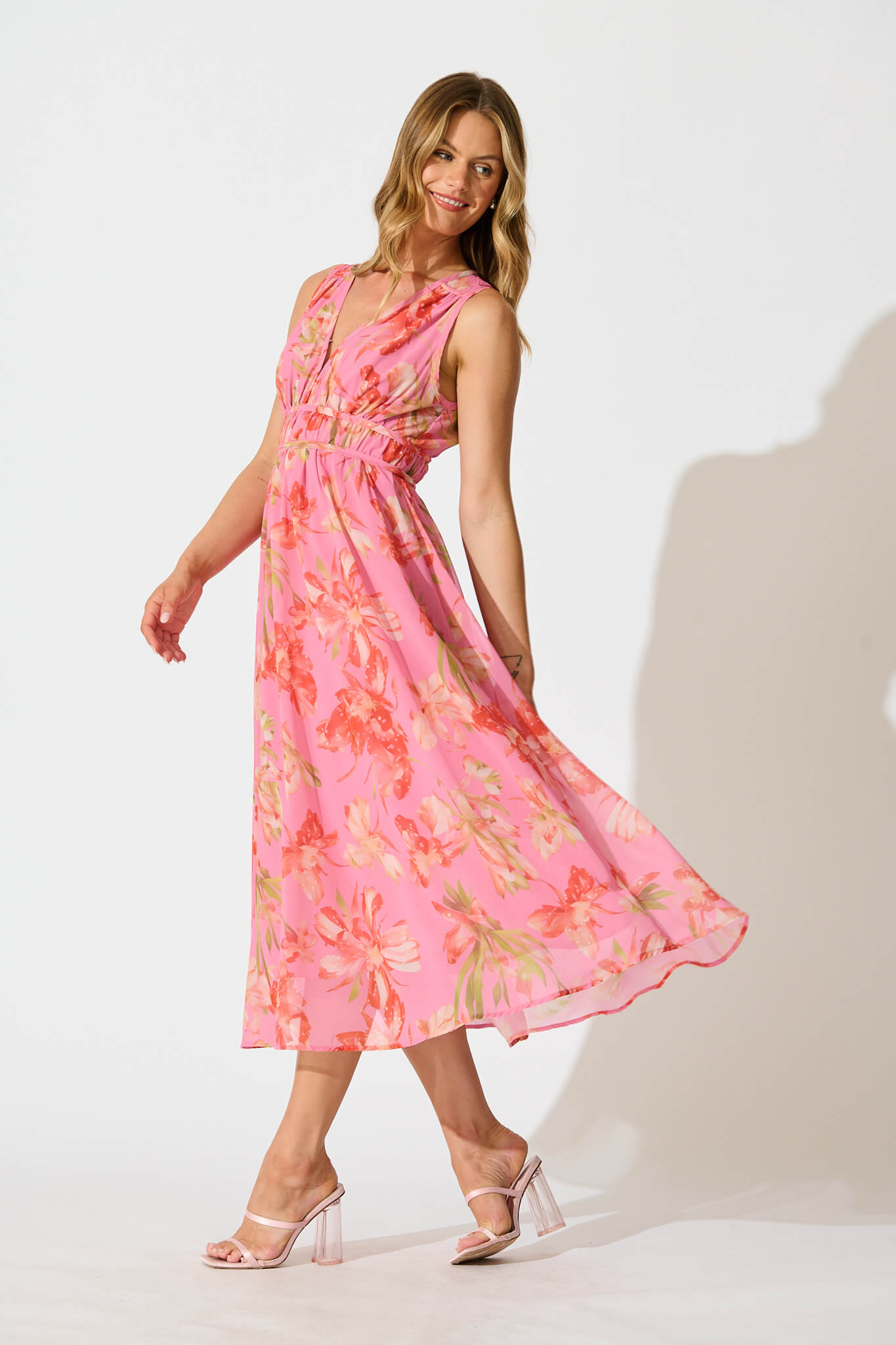 Solena Maxi Dress In Pink with Red Floral Chiffon