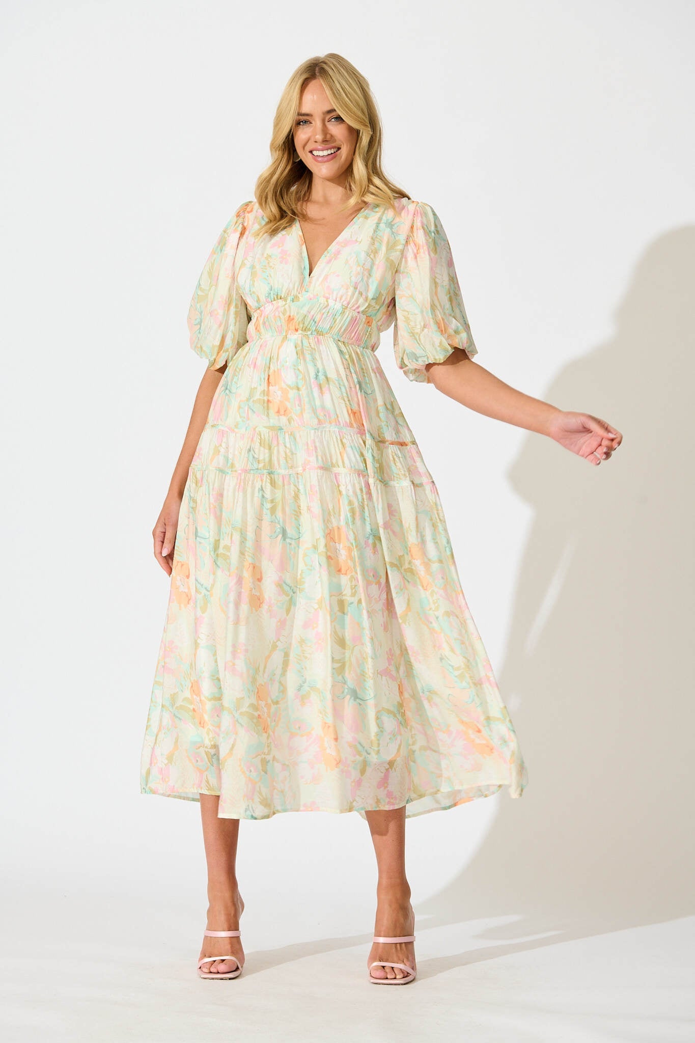 Amalie Midi Dress In White with Pastel Multi Floral