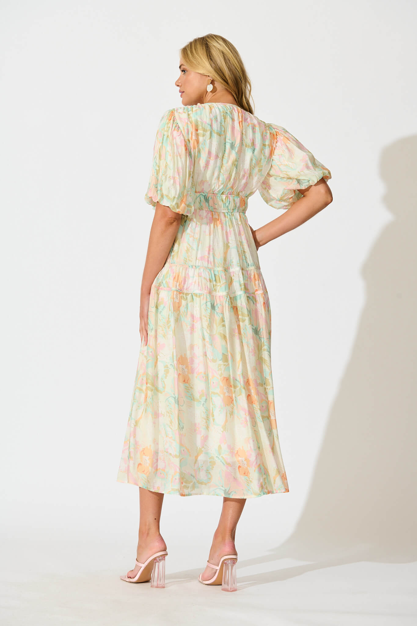 Amalie Midi Dress In White with Pastel Multi Floral