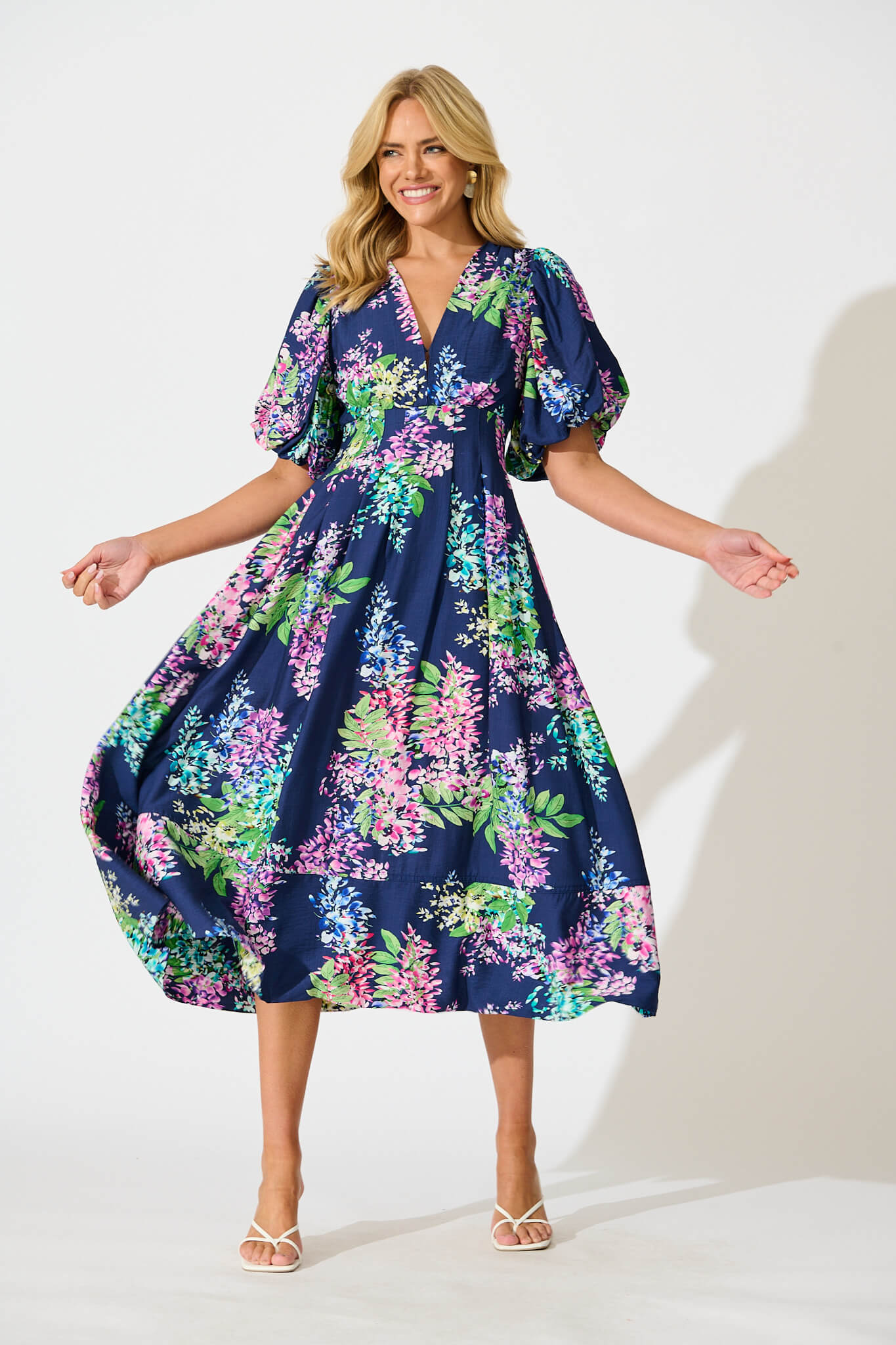 Daydreamer Midi Dress in Navy Wisteria Print