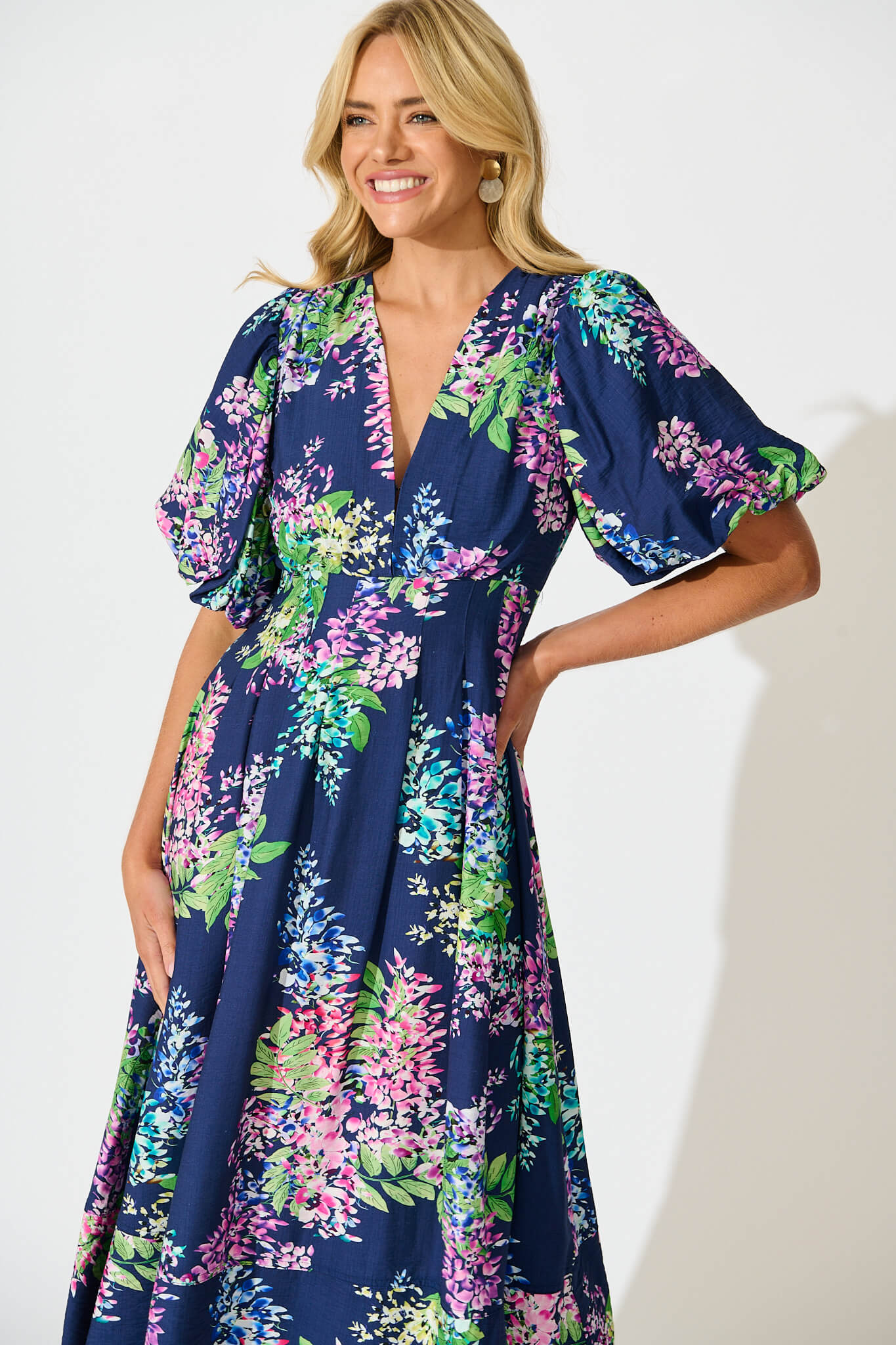 Daydreamer Midi Dress in Navy Wisteria Print