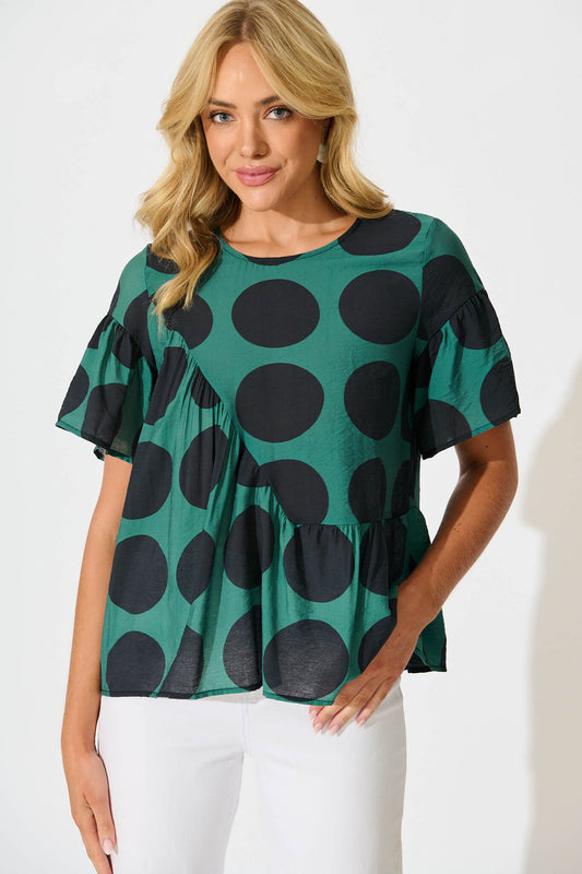Girona Top In Emerald with Black Spot Cotton Blend