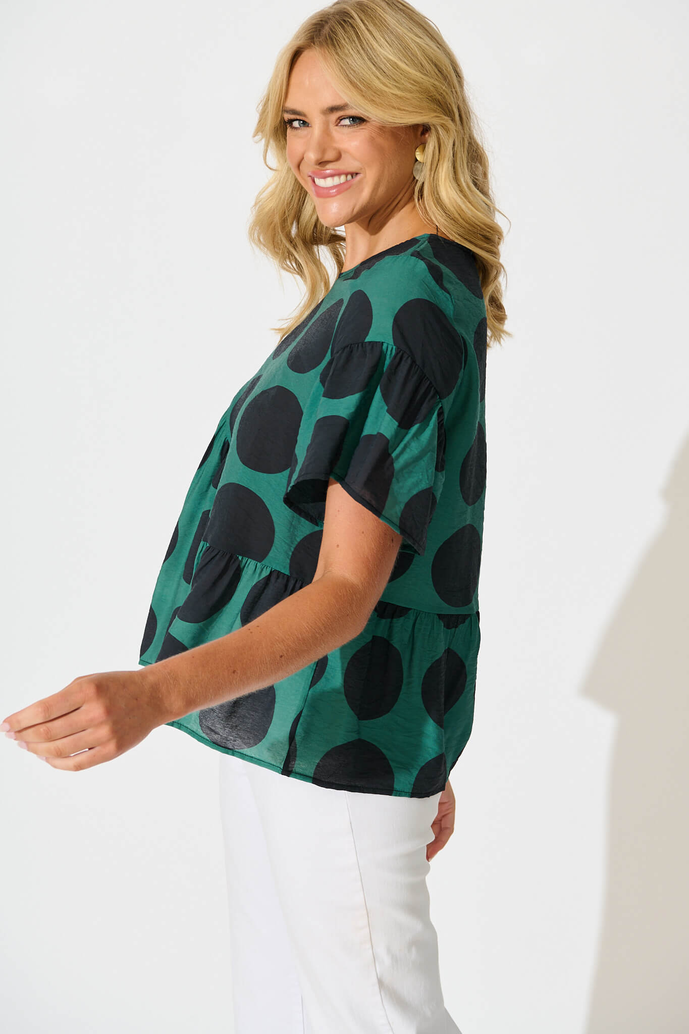Girona Top In Emerald with Black Spot Cotton Blend