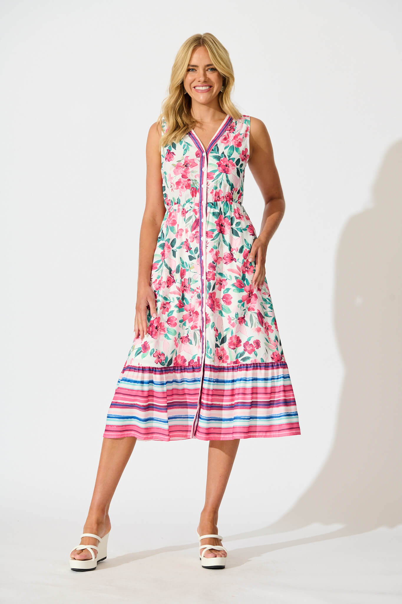 Kimmy Midi Dress in White with Pink Multi Floral