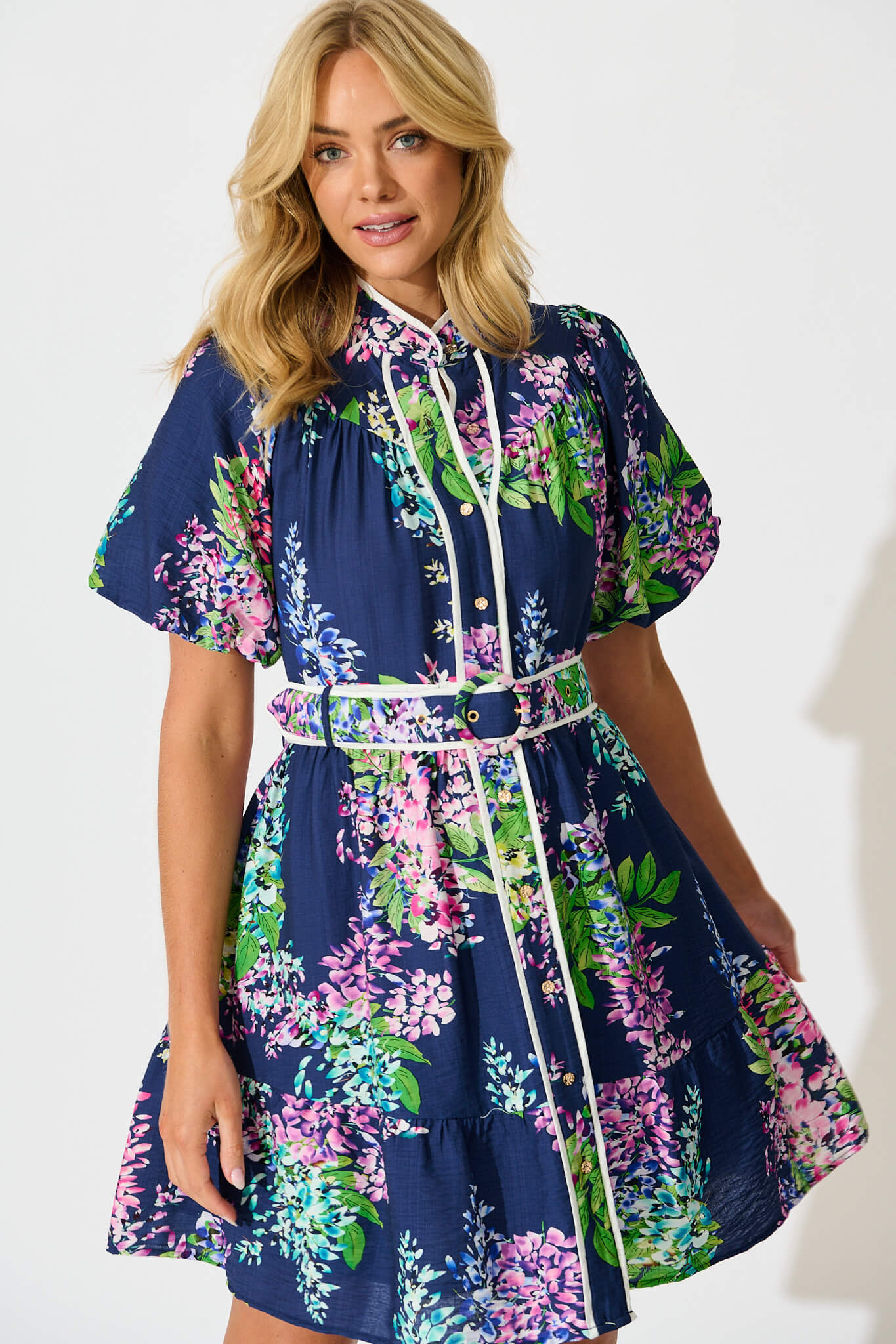 Maybelle Shirt Dress in Navy Wisteria Print with Piping Trim