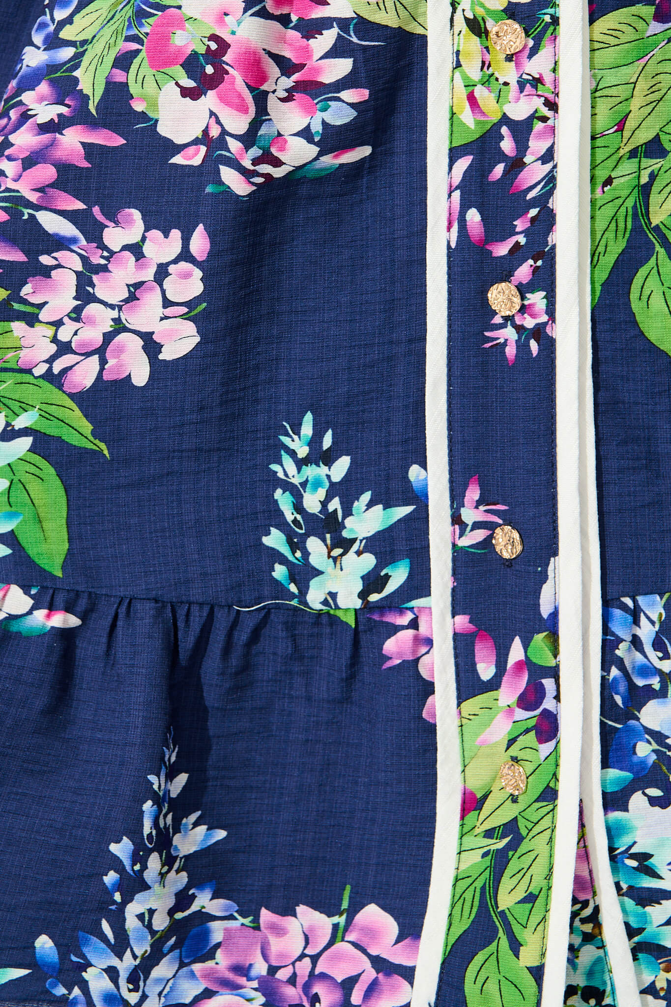 Maybelle Shirt Dress in Navy Wisteria Print with Piping Trim