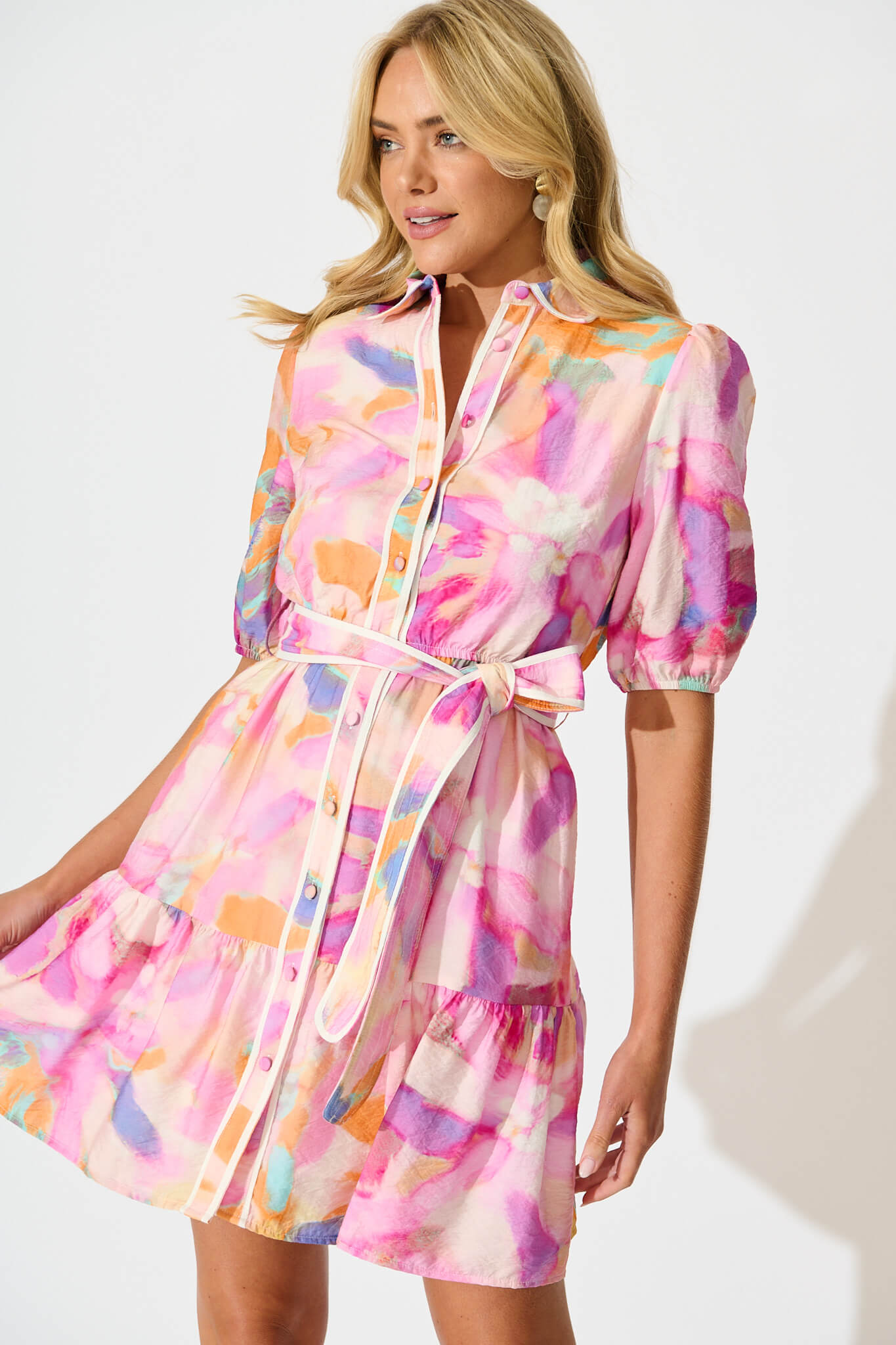 Ennis Shirt Dress in Pink with Purple Watercolour