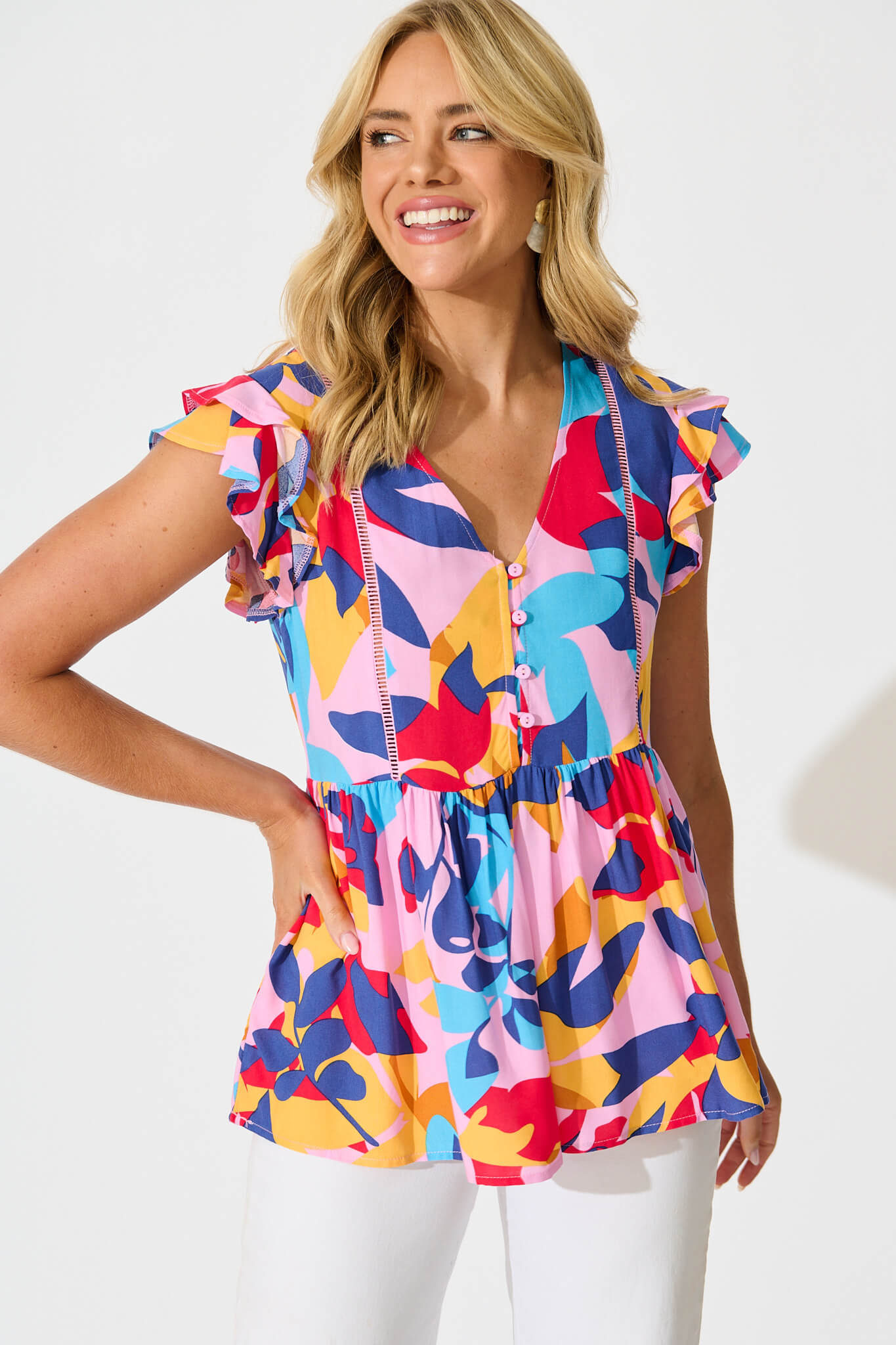 Maila Top In Bright Multi Leaf Print