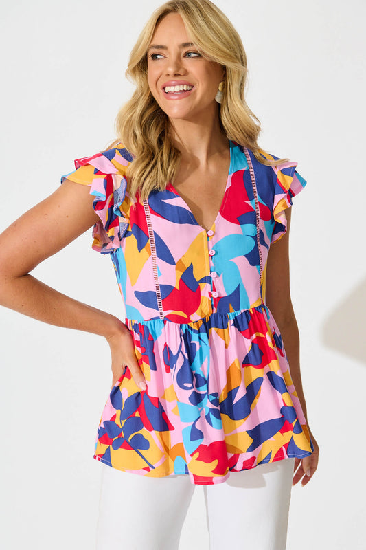 Maila Top In Bright Multi Leaf Print