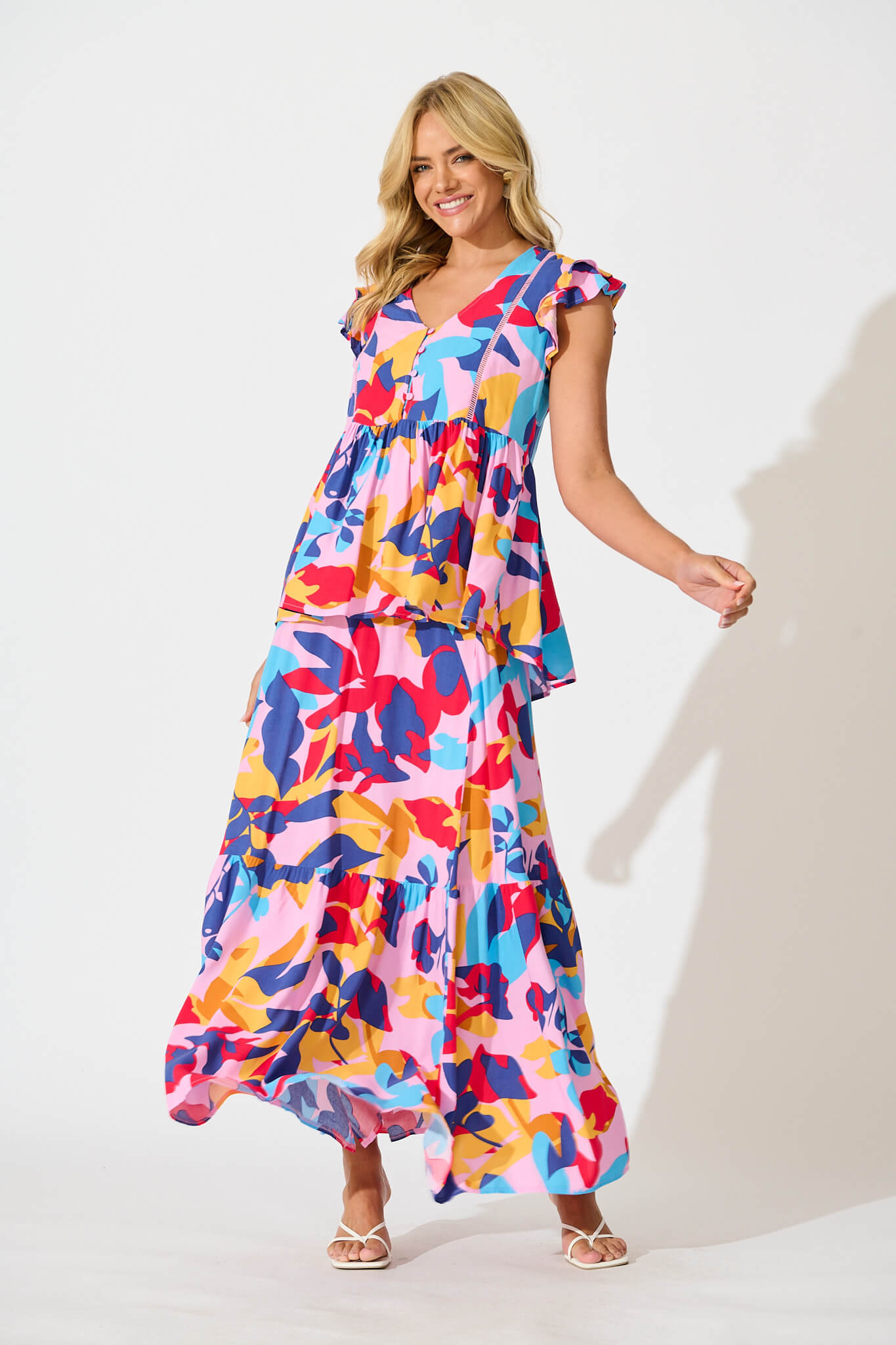 Maila Top In Bright Multi Leaf Print