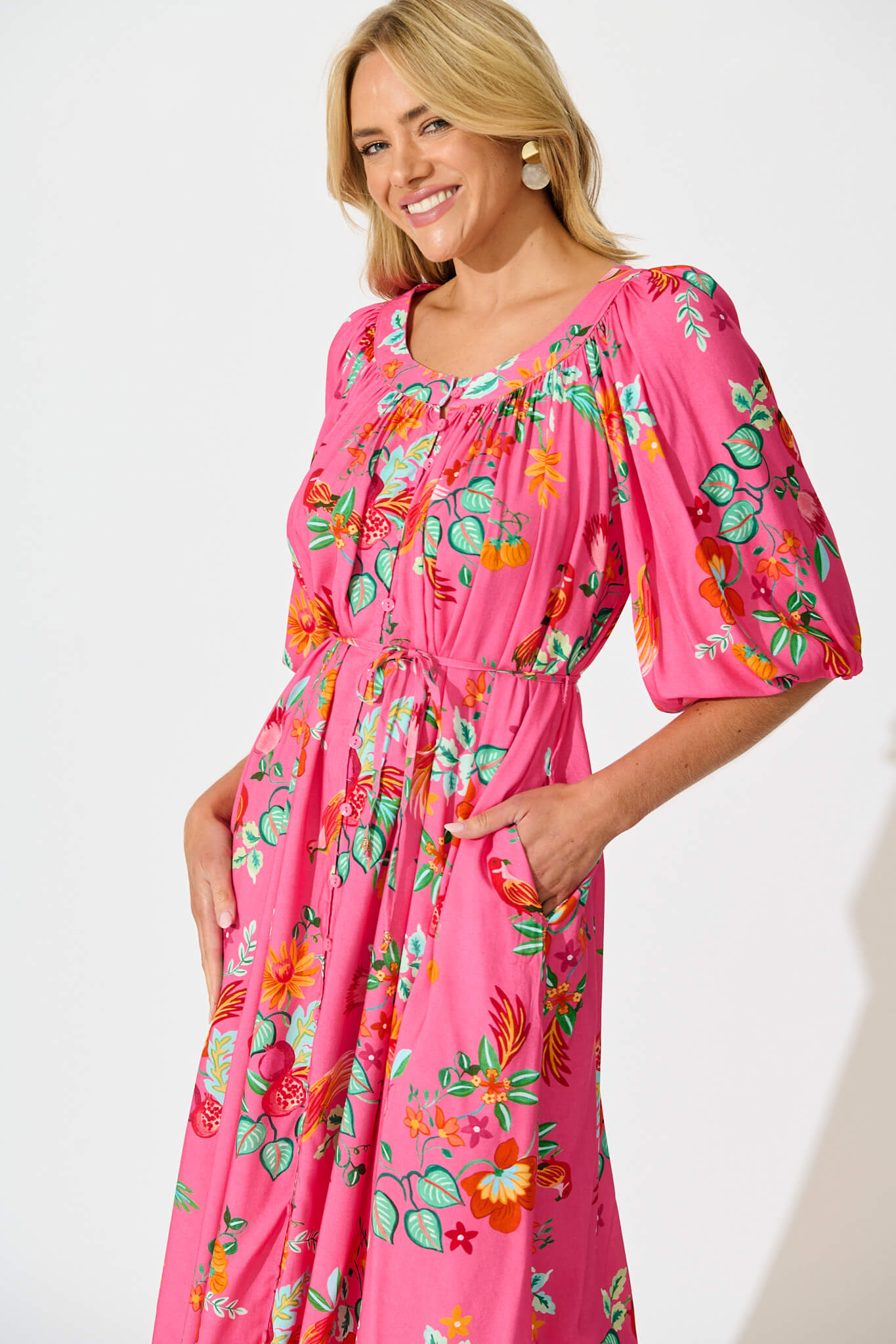 Kali Maxi Dress in Pink Tropical Print