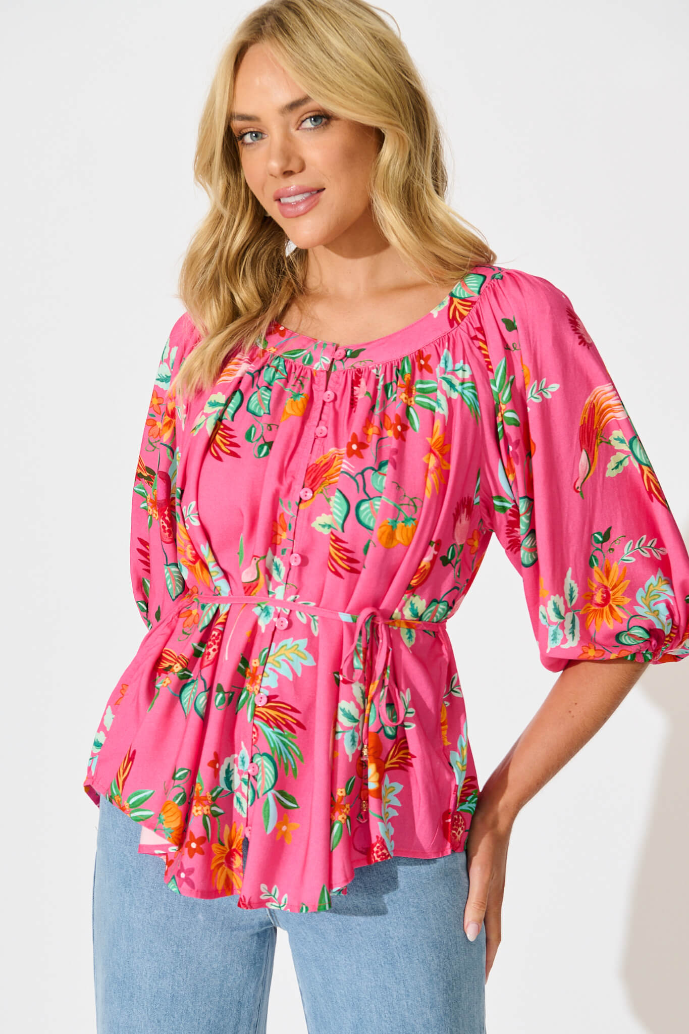 Andie Top in Pink Tropical Print