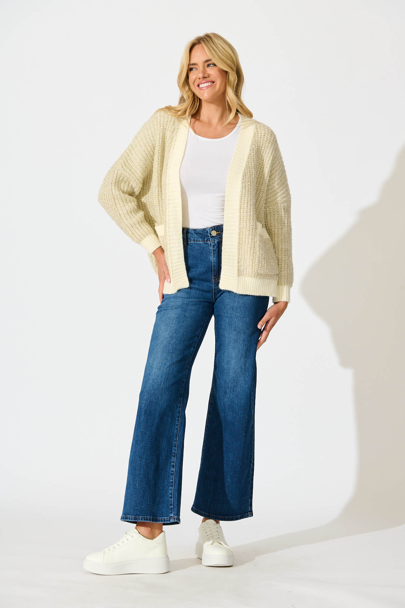 Masami Knit Cardigan In Beige Lurex with Contrast Trim