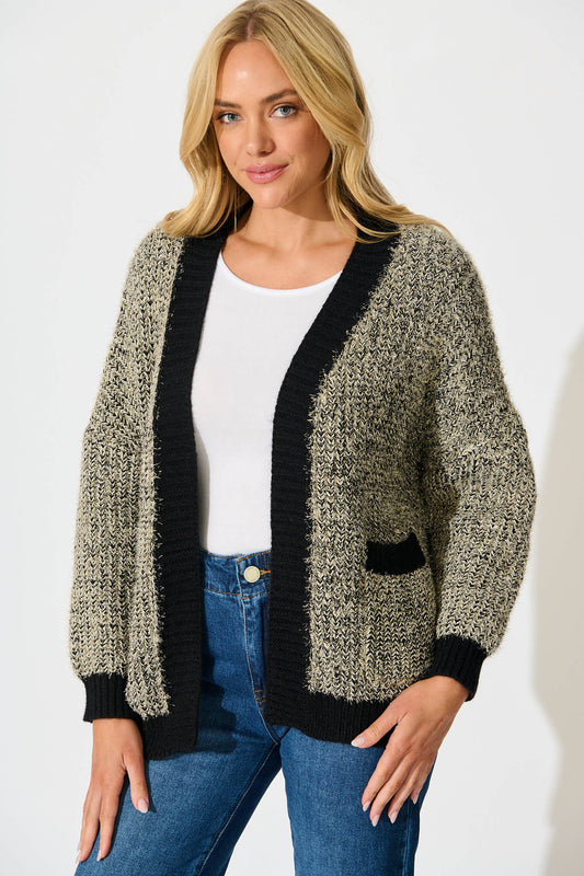 Masami Knit Cardigan In Black Lurex with Contrast Trim