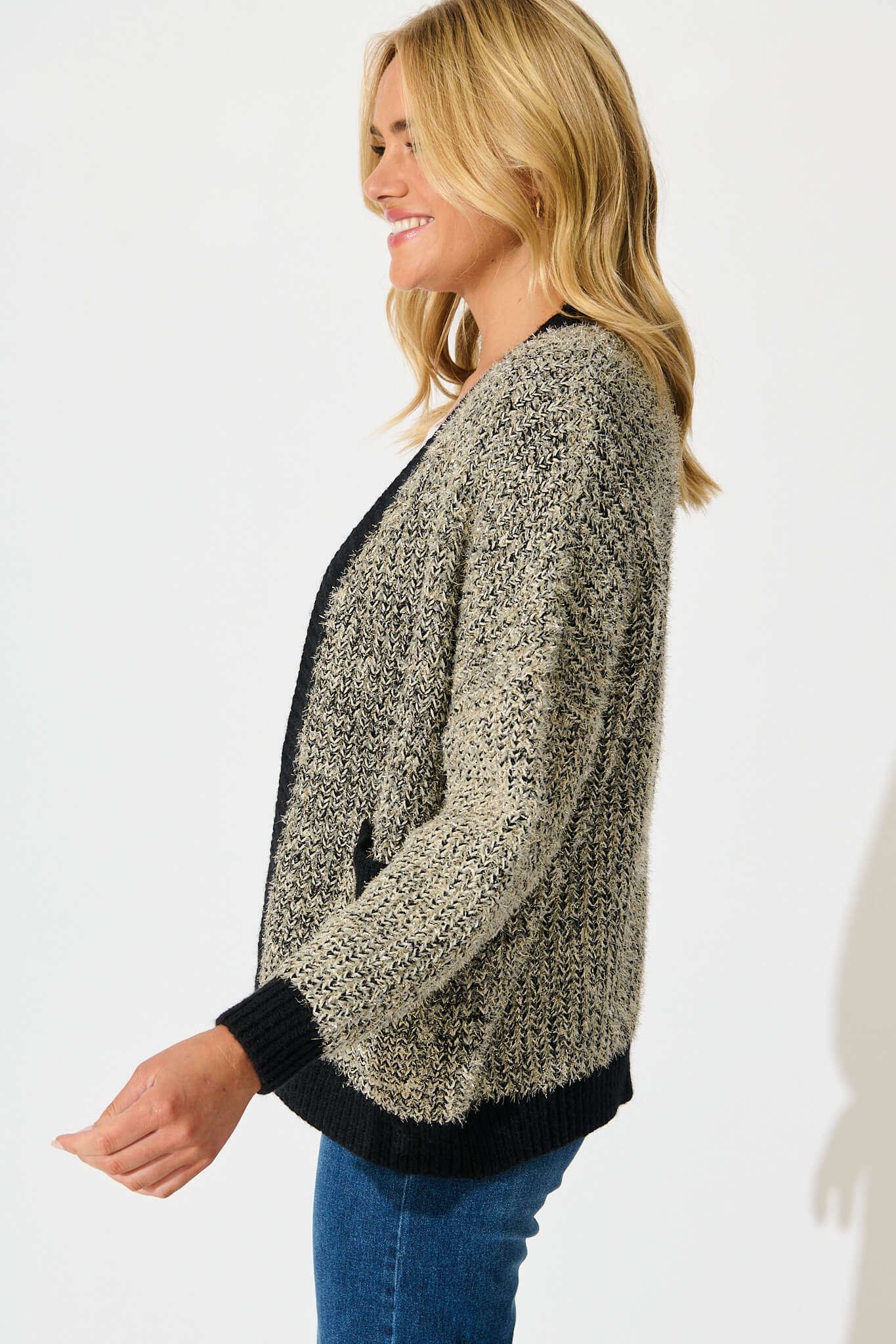 Masami Knit Cardigan In Black Lurex with Contrast Trim