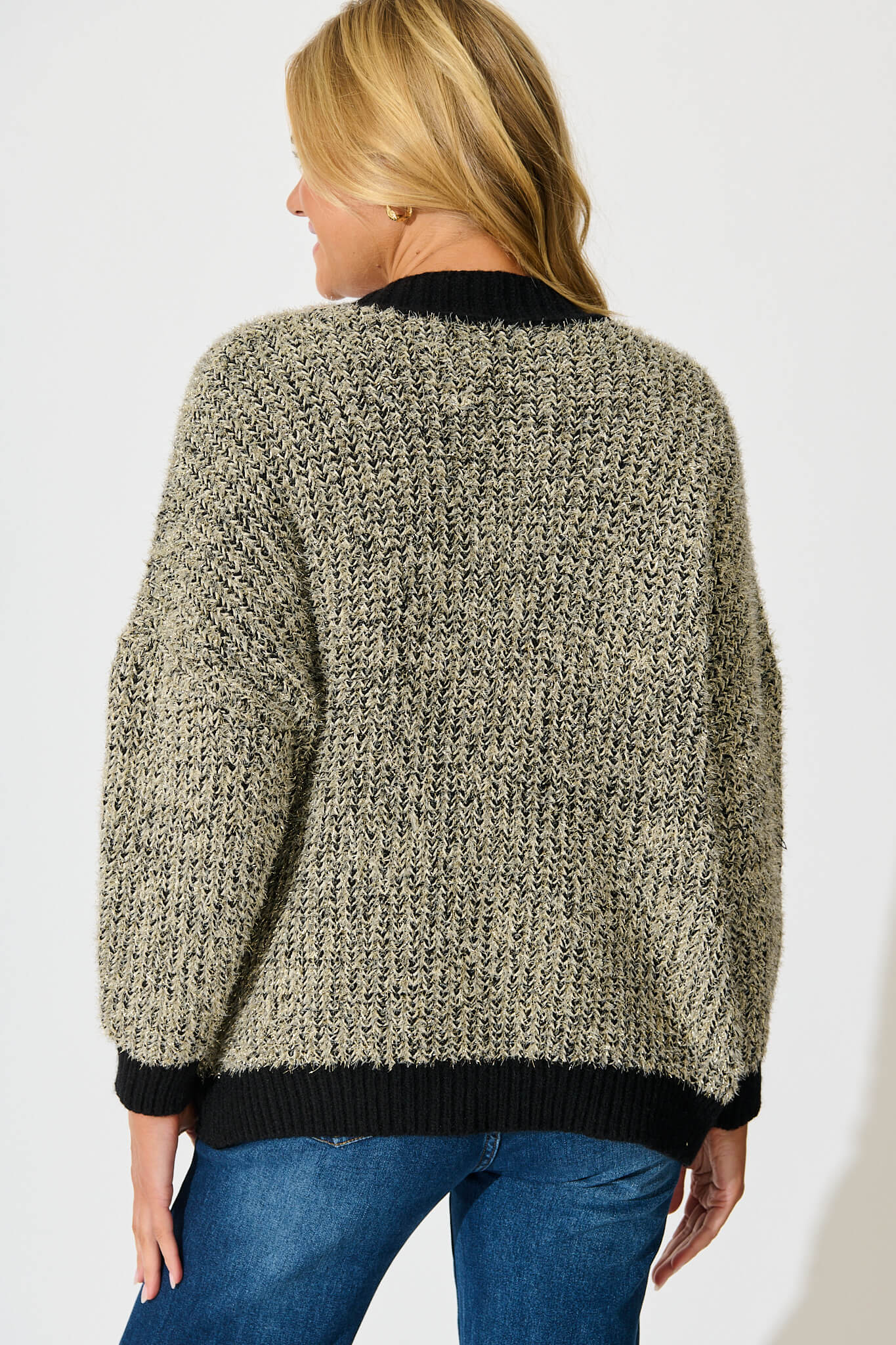 Masami Knit Cardigan In Black Lurex with Contrast Trim