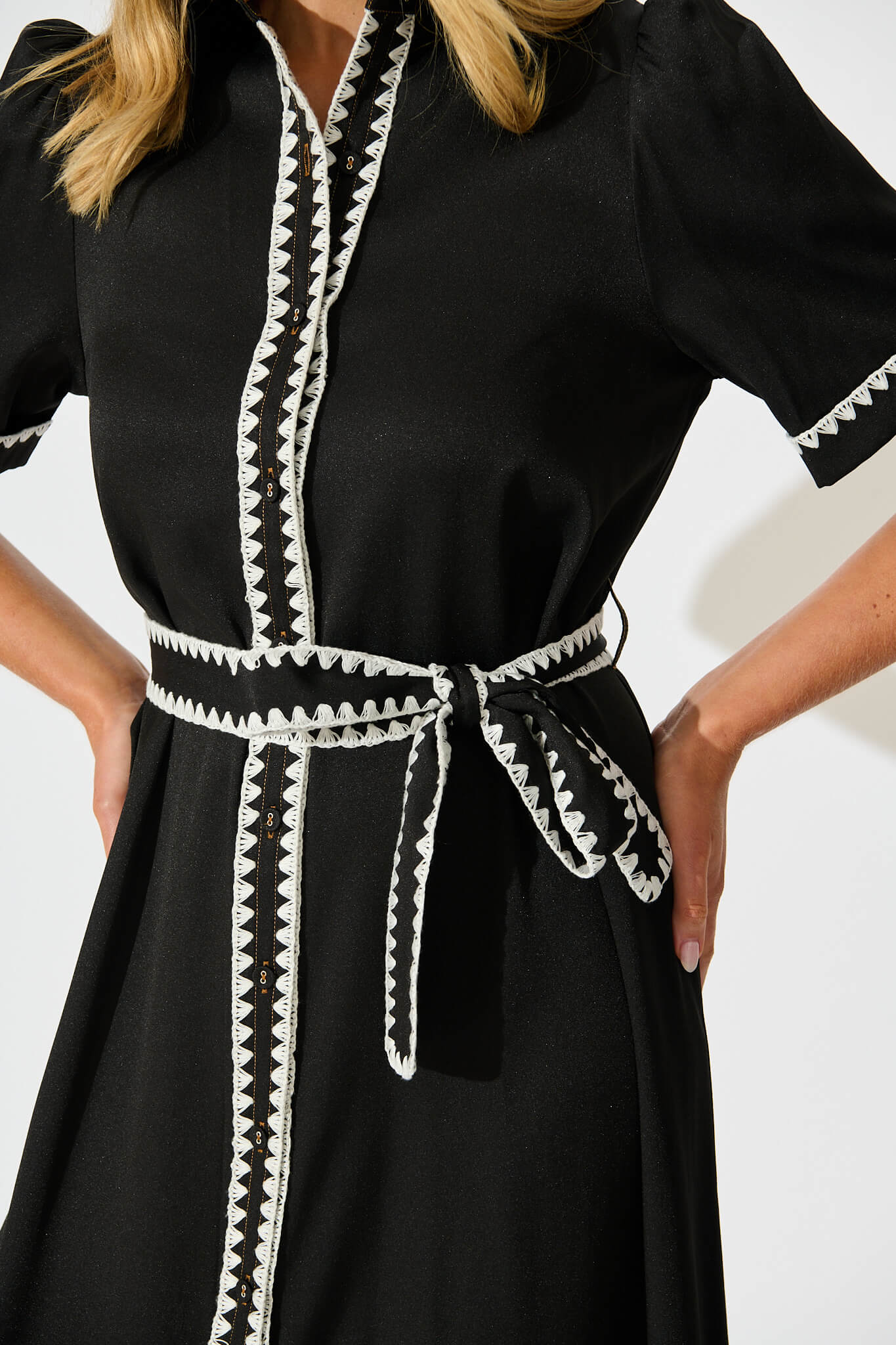 Aurora Midi Shirt Dress In Black With White Contrast Stitch