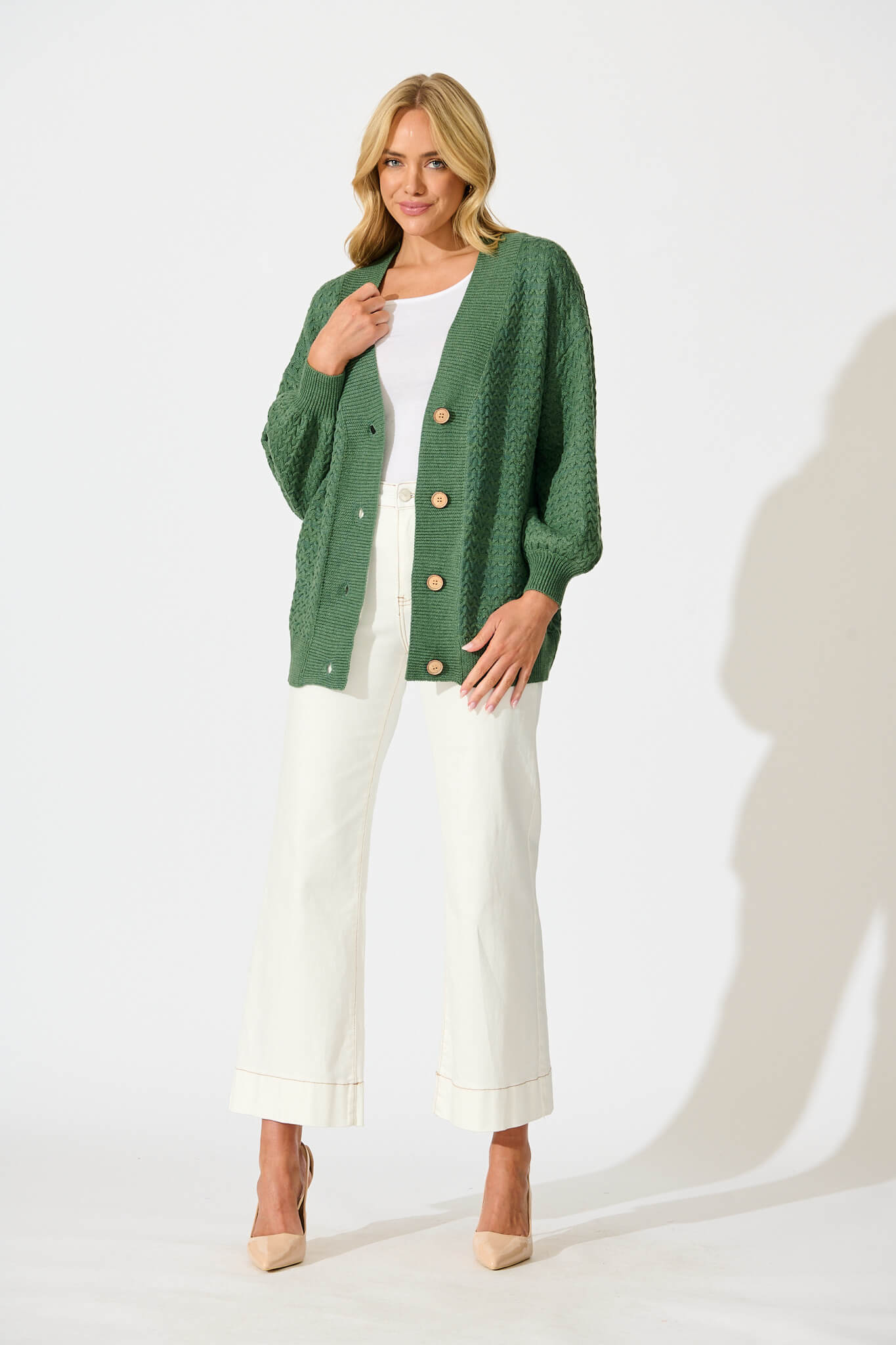 Jenisha Knit Cardigan in Green Cotton Blend