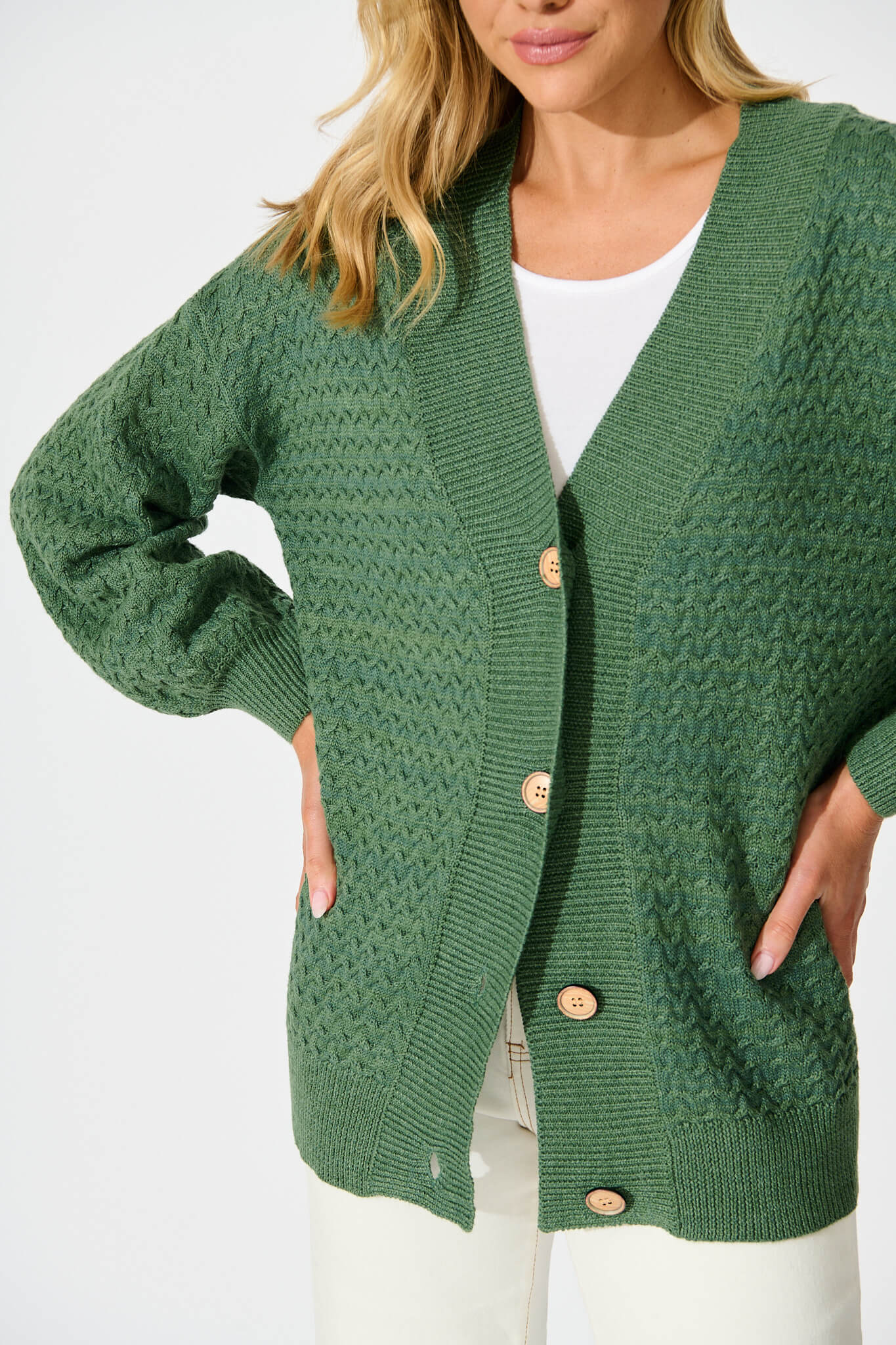 Jenisha Knit Cardigan in Green Cotton Blend