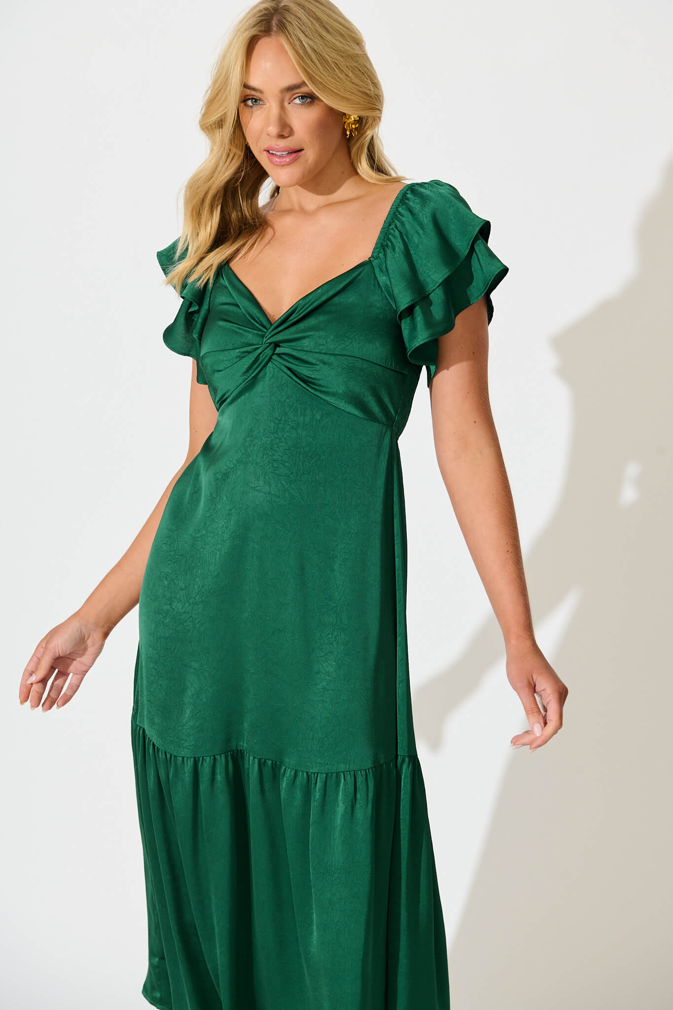 Constantine Maxi Dress in Emerald Green Crinkle Satin
