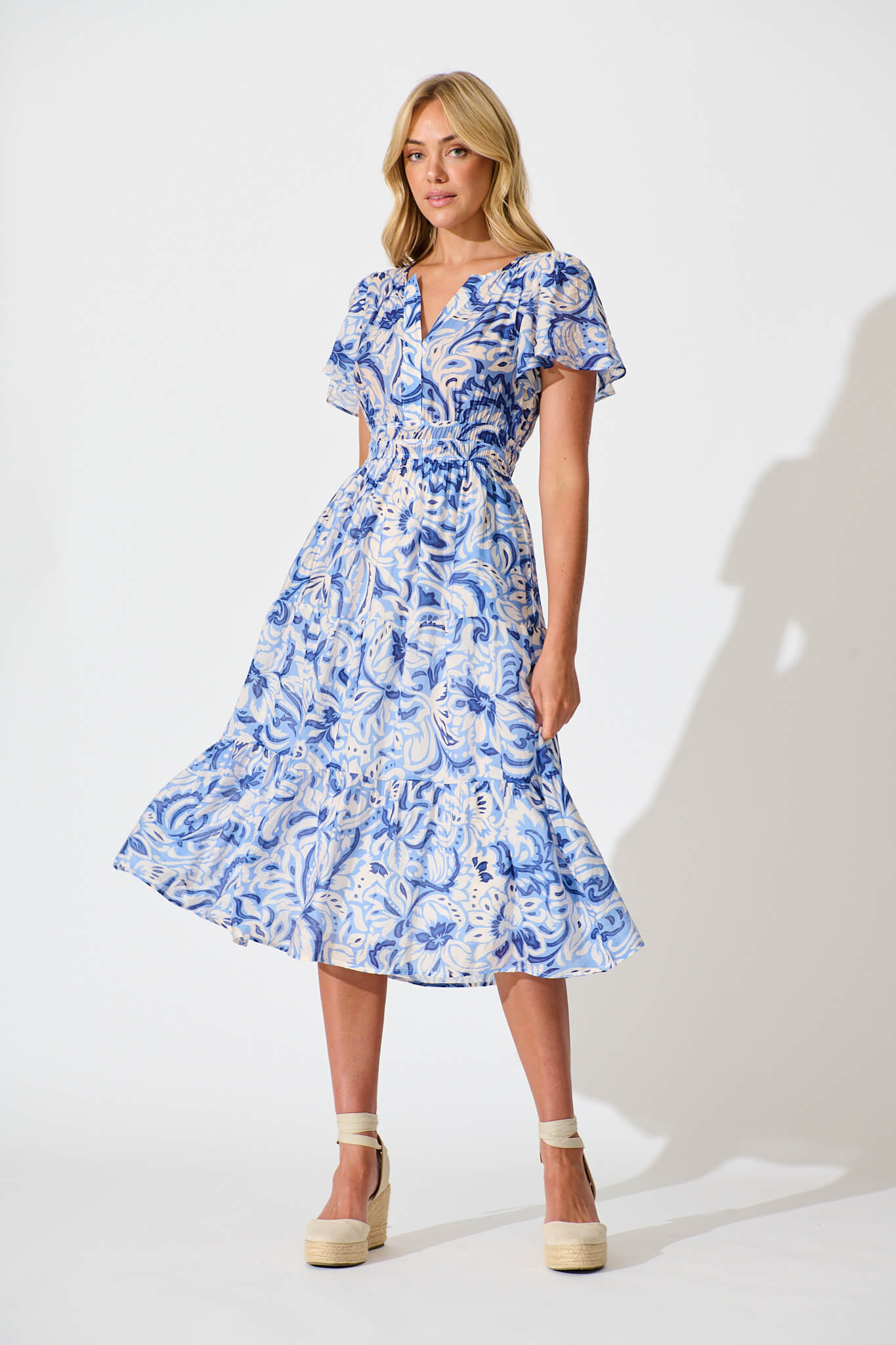 Palm Springs Midi Dress in Blue and White Print
