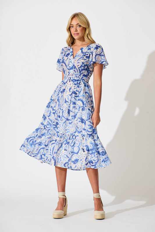 Palm Springs Midi Dress in Blue and White Print