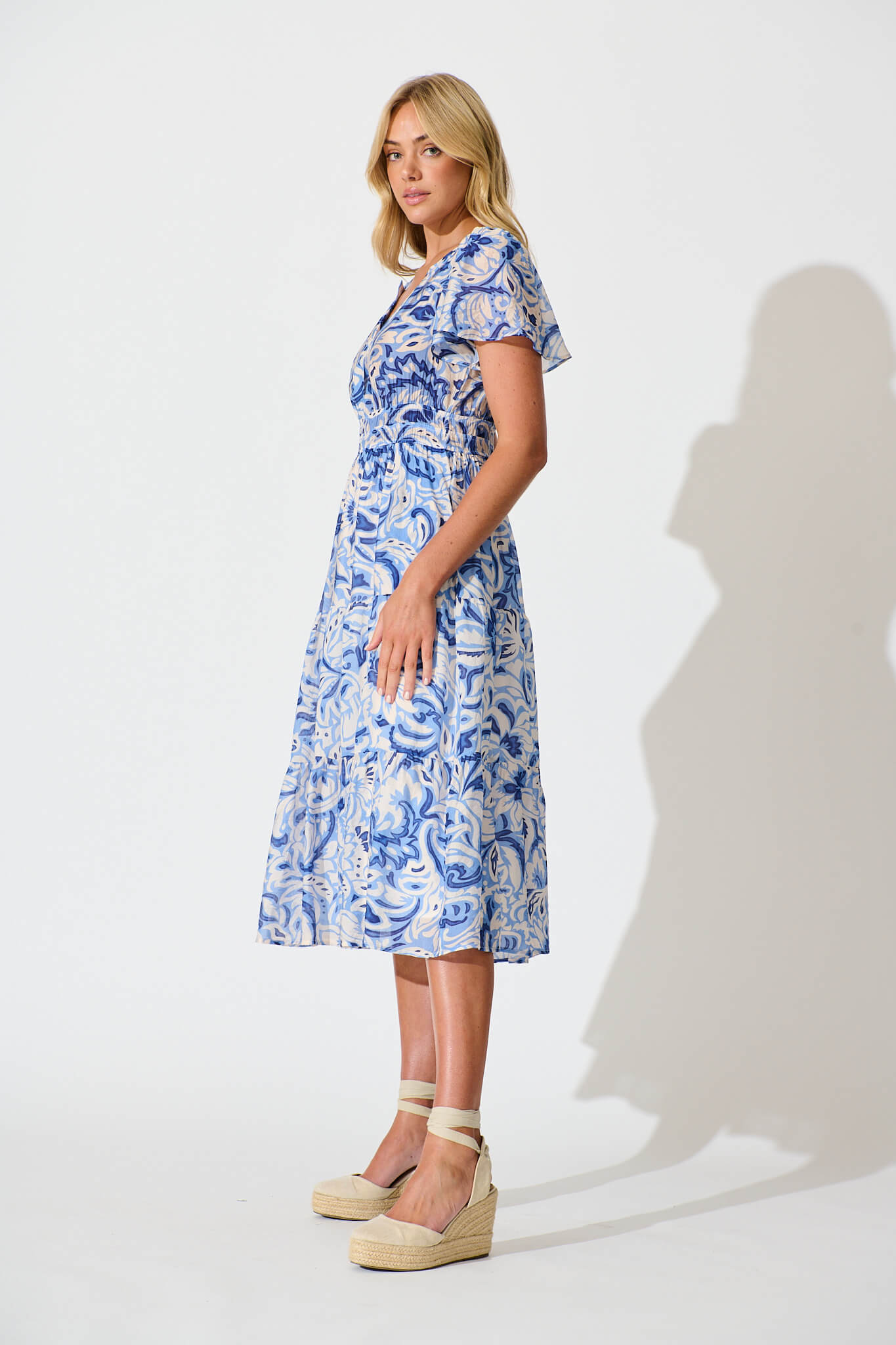 Palm Springs Midi Dress in Blue and White Print