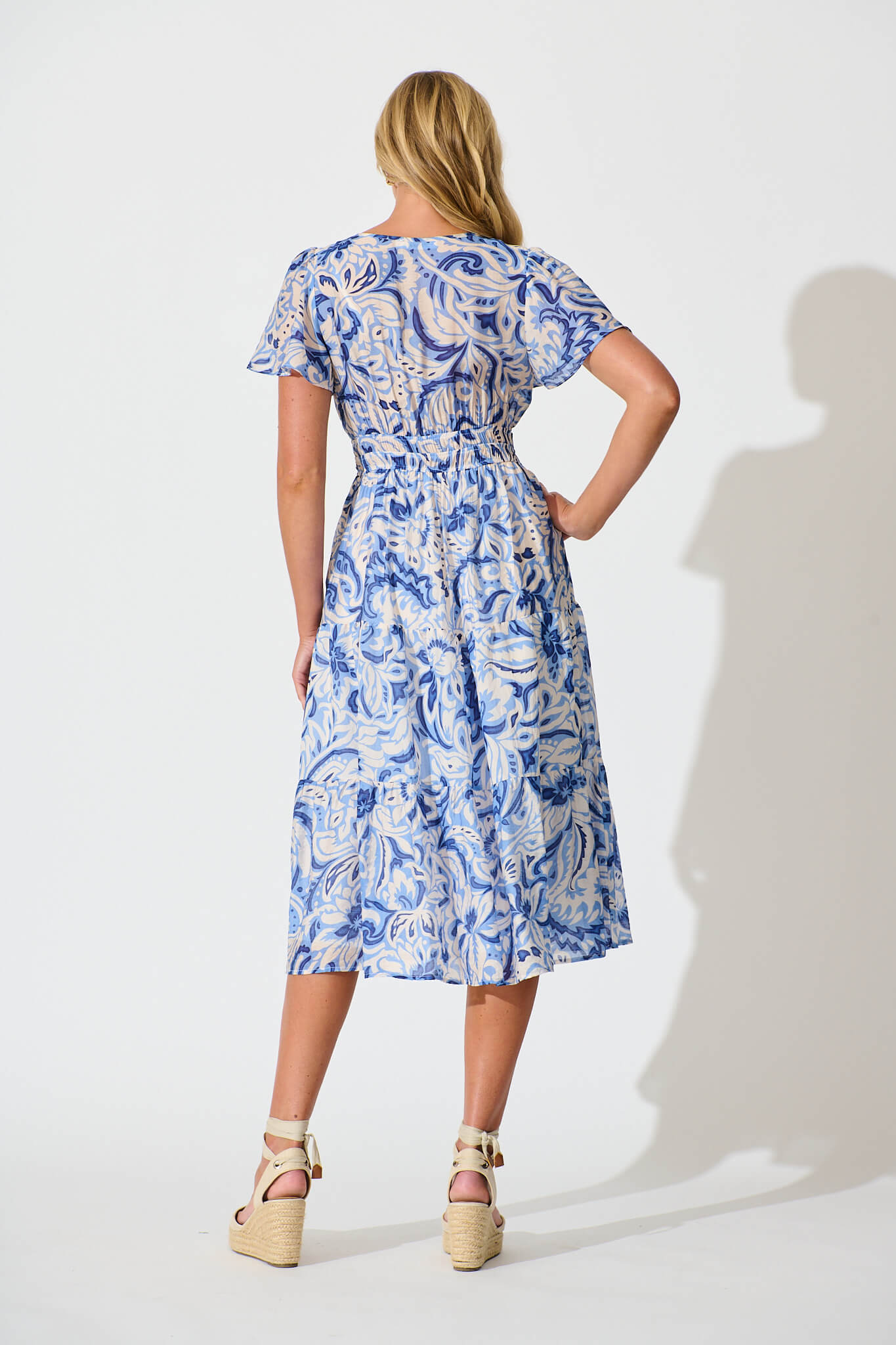 Palm Springs Midi Dress in Blue and White Print