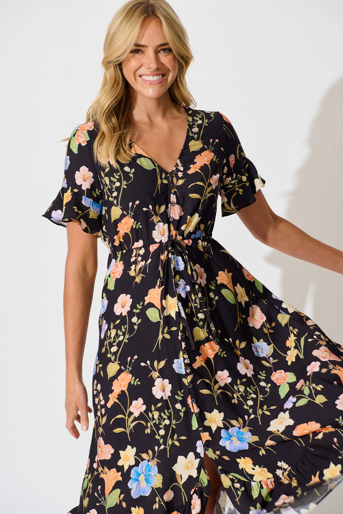Ellie Midi Dress in Black with Multi Floral