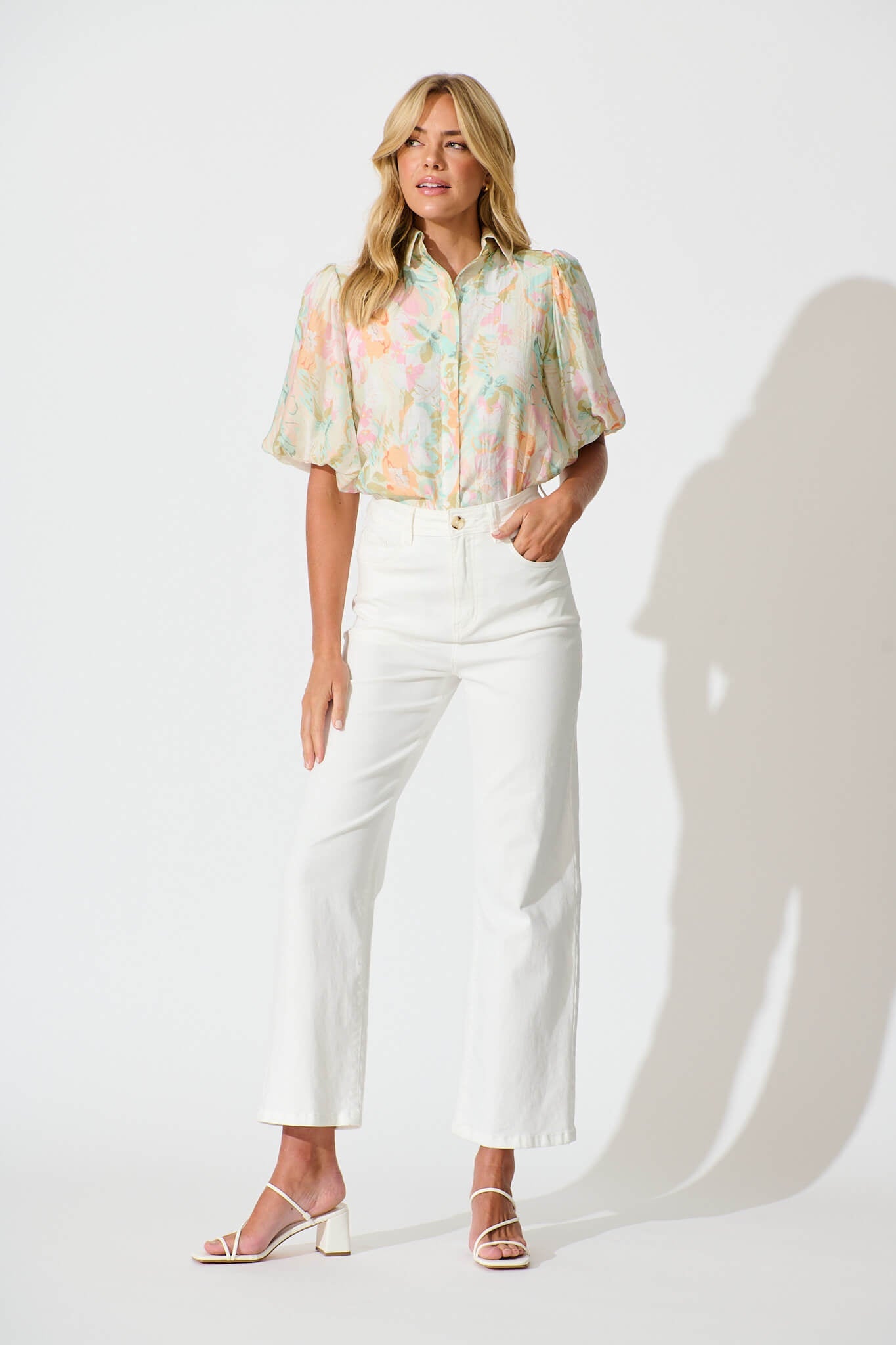 Aeryn Shirt In White with Pastel Multi Floral