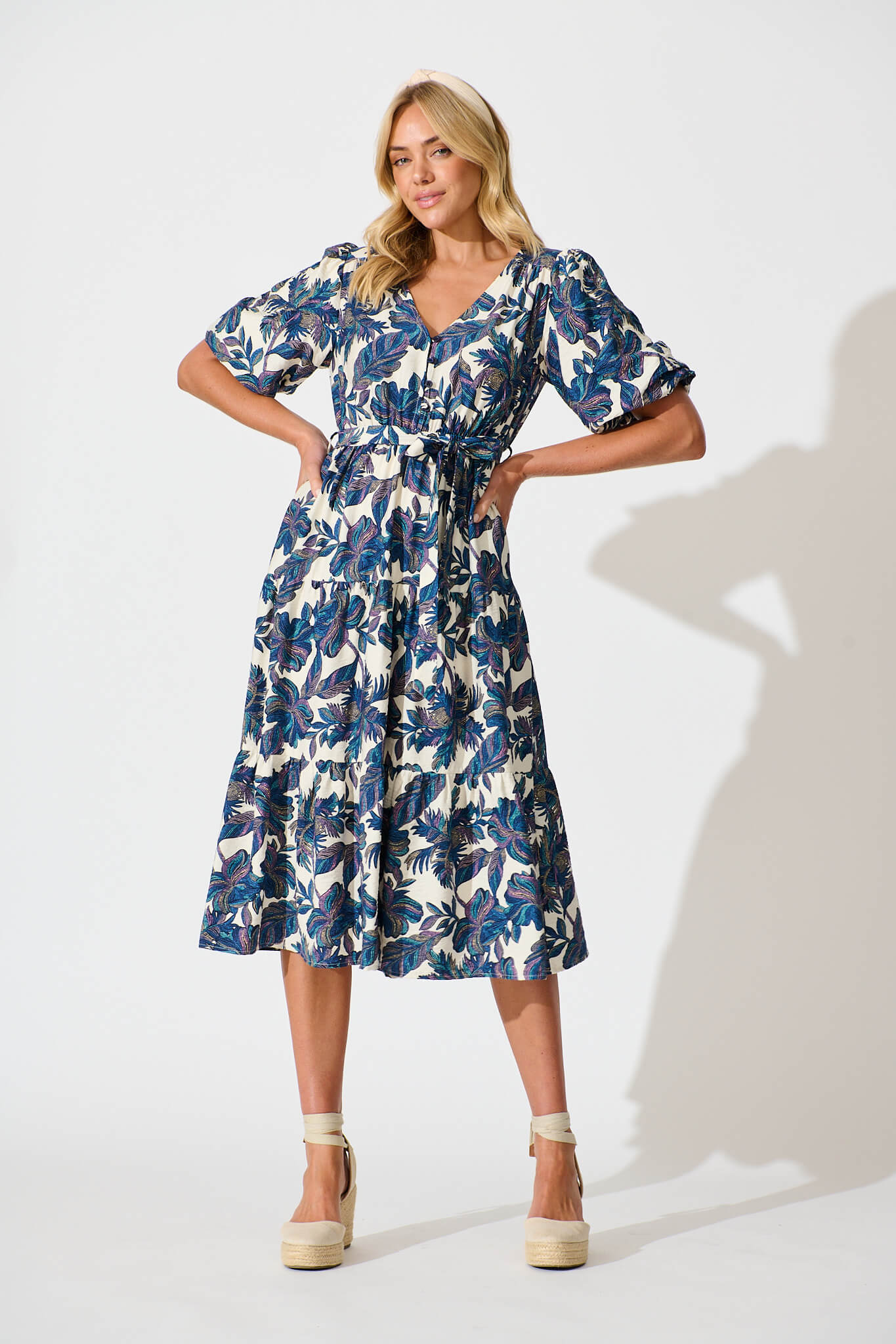 Tris Midi Dress in White with Blue Multi Leaf