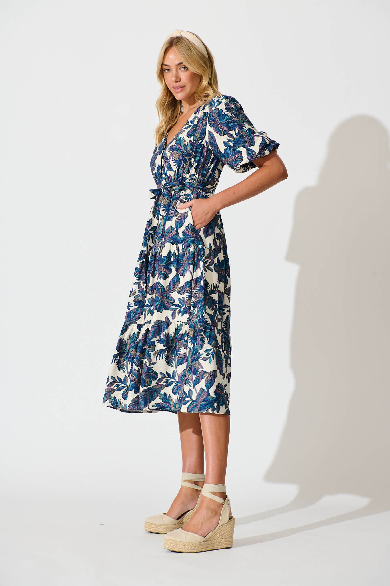 Tris Midi Dress in White with Blue Multi Leaf