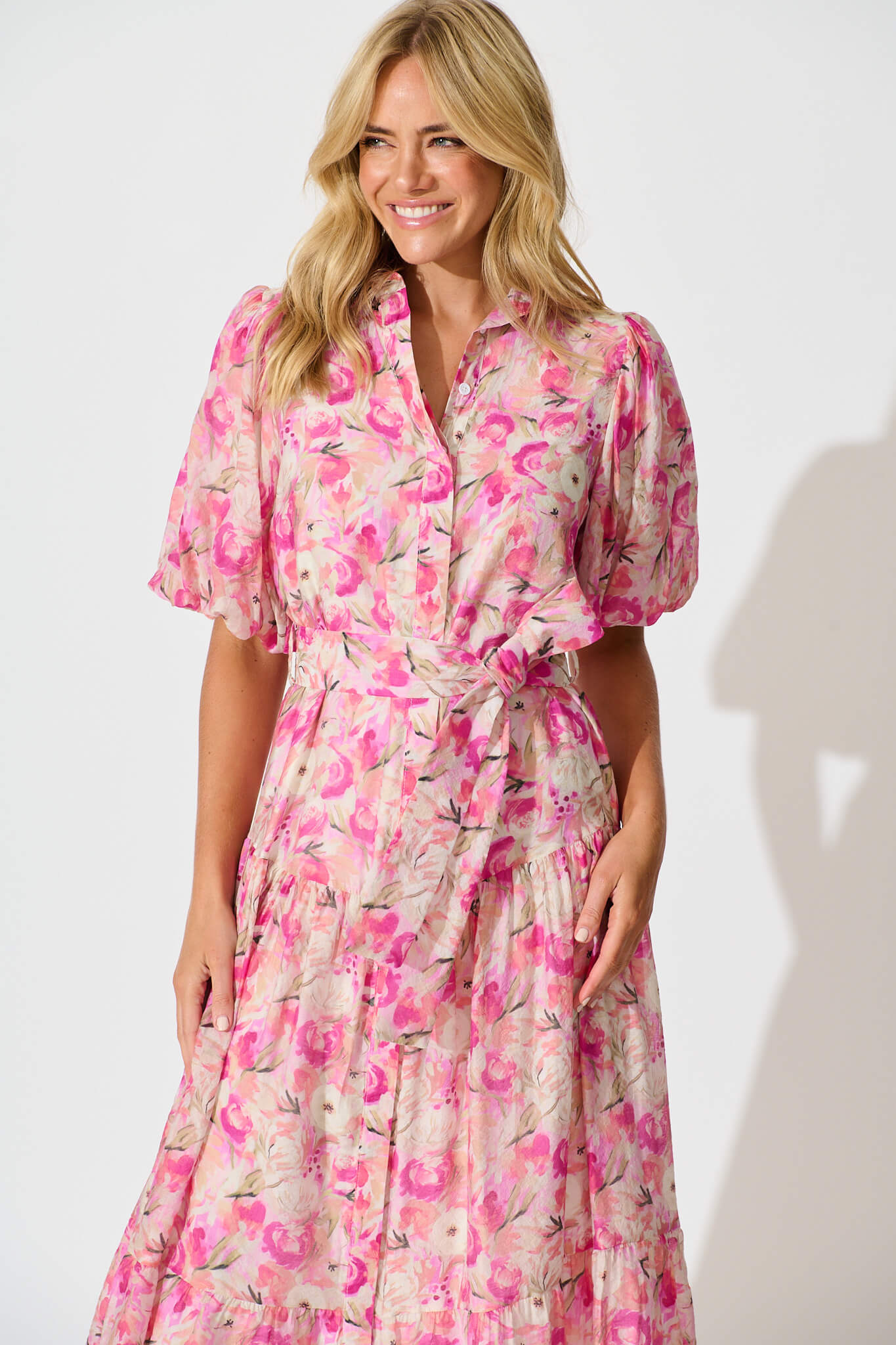 Rosina Maxi Shirt Dress in Pink Multi Floral