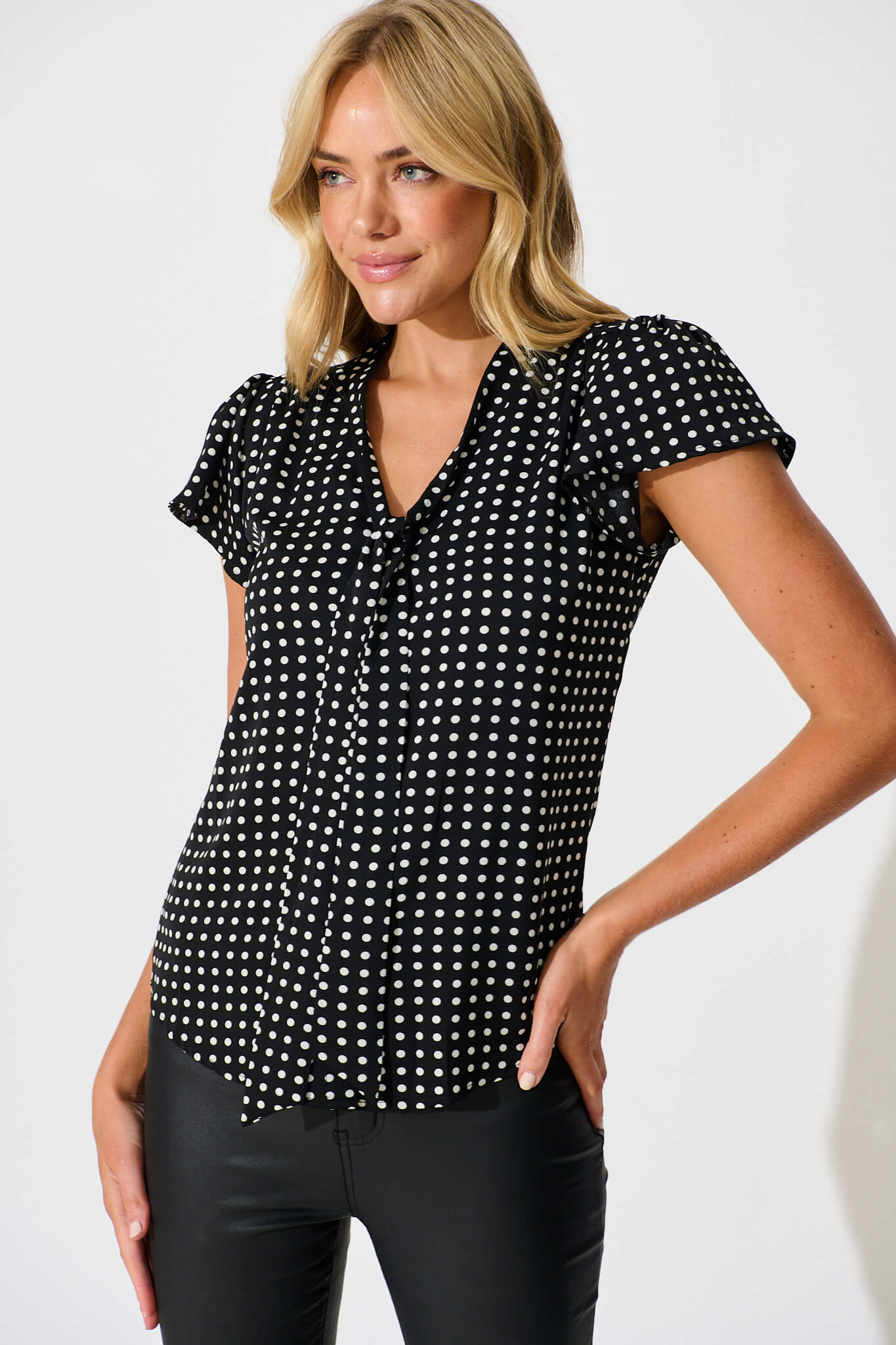 Erin Top in Black with White Polka Dot