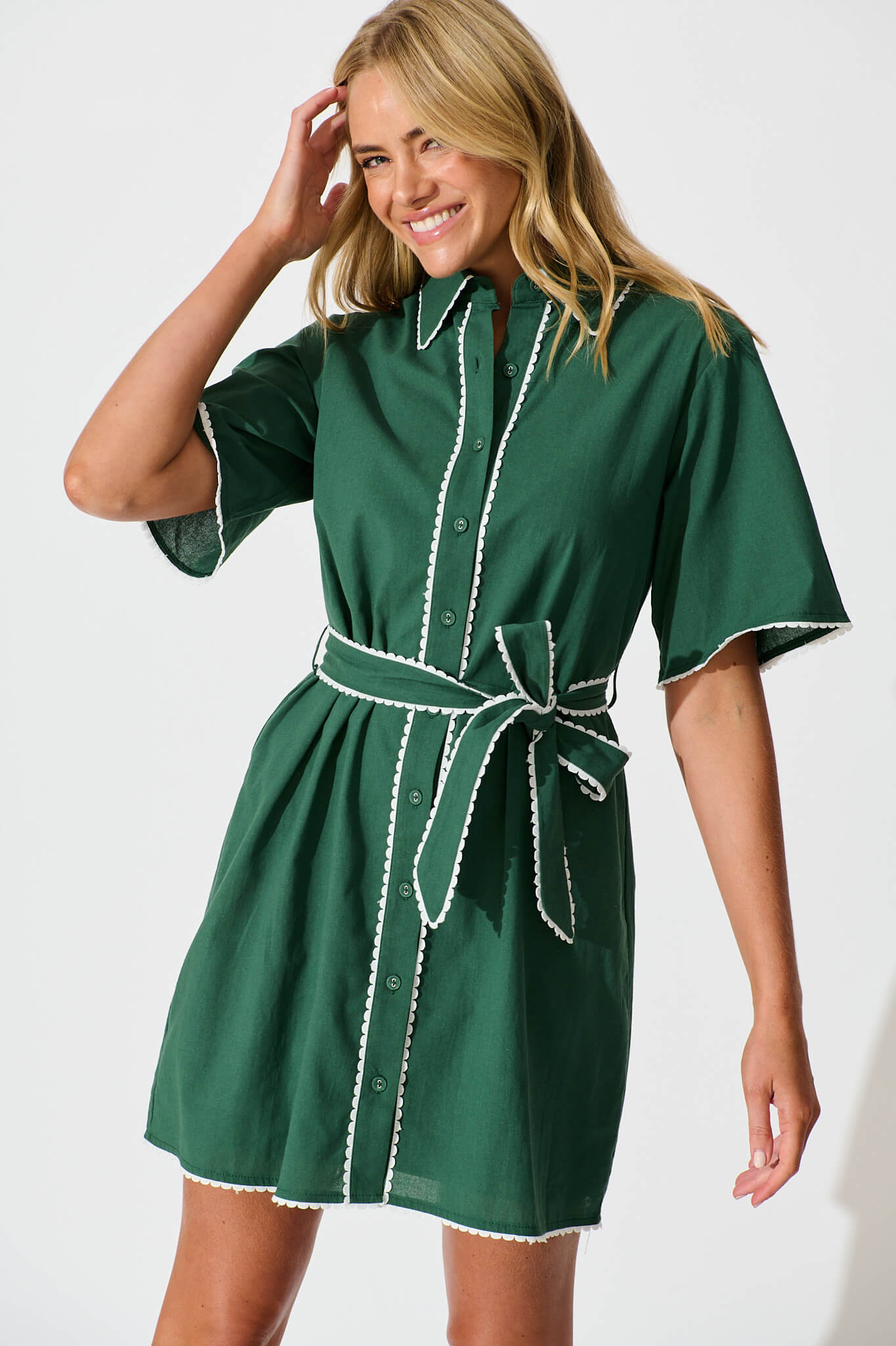 Miela Shirt Dress in Emerald with White Contrast Trim Cotton