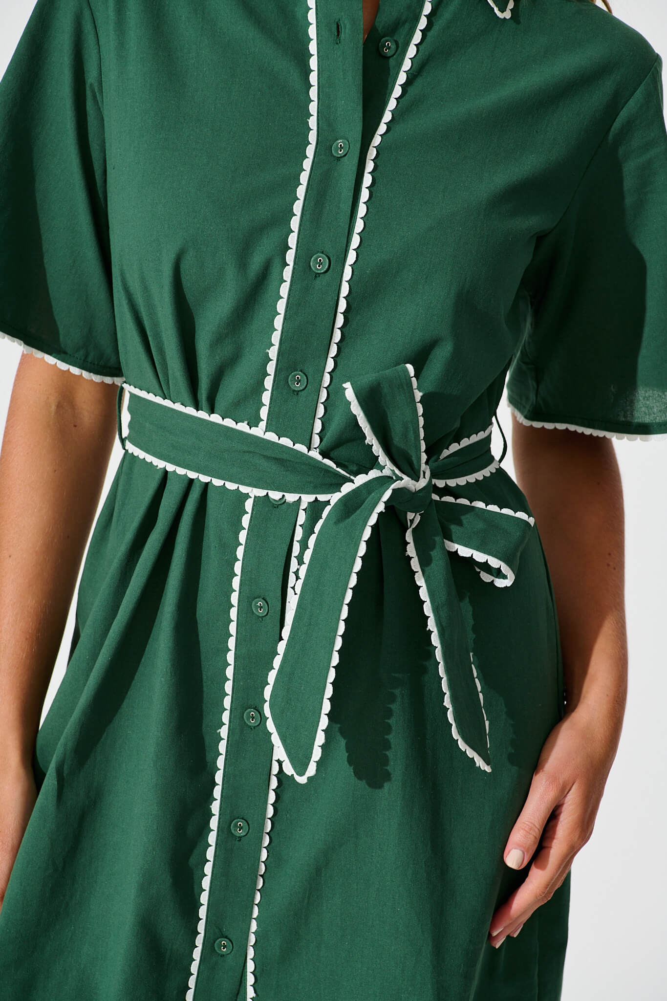 Miela Shirt Dress in Emerald with White Contrast Trim Cotton