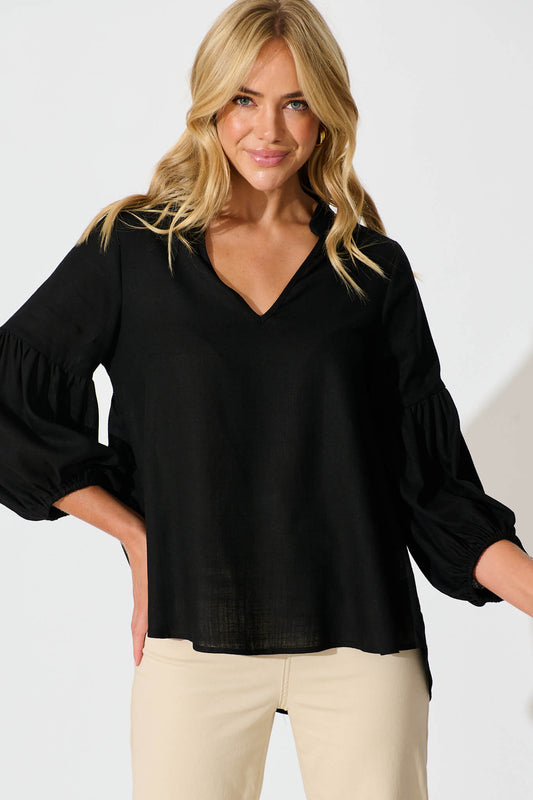Jasper Top In Black Linen Blend