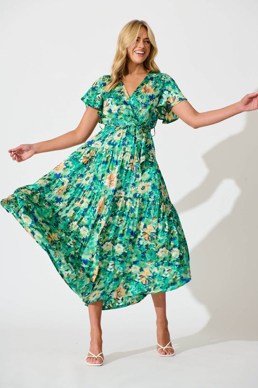 Heidi Maxi Dress In Green Watercolour Floral Satin
