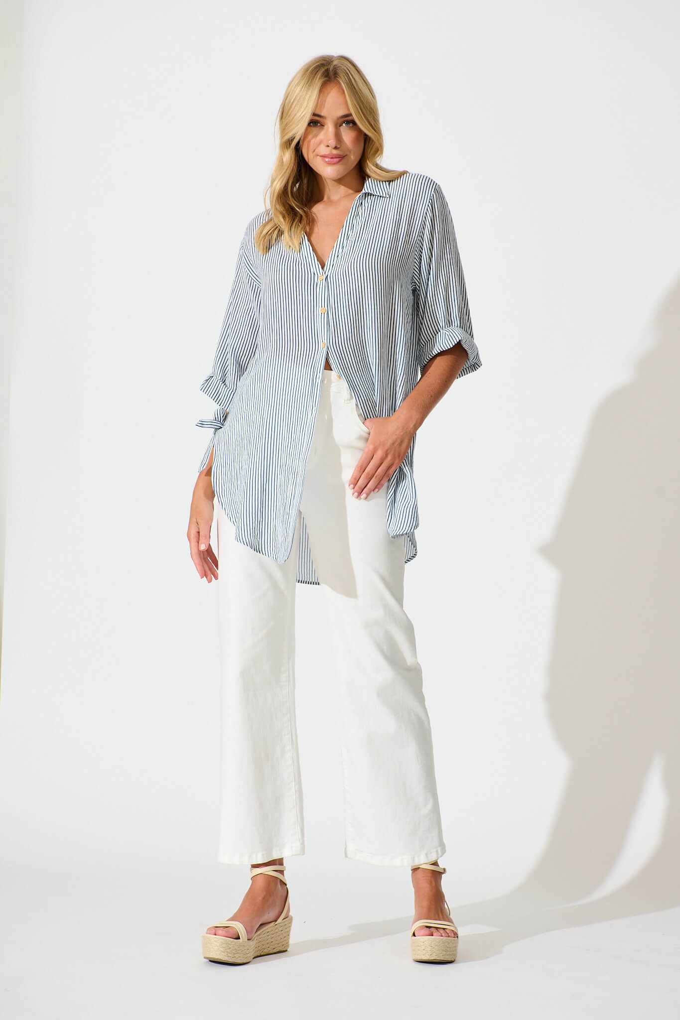 Harper Shirt in Blue and White Stripe Cotton Blend