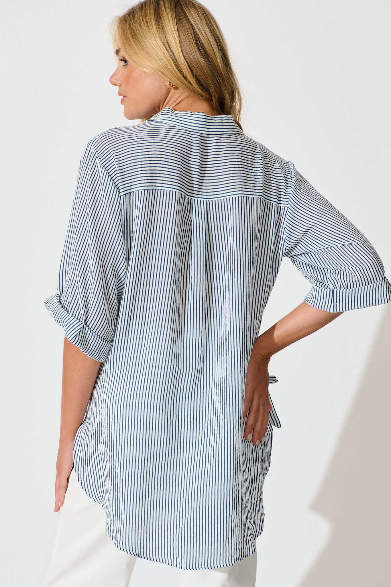 Harper Shirt in Blue and White Stripe Cotton Blend