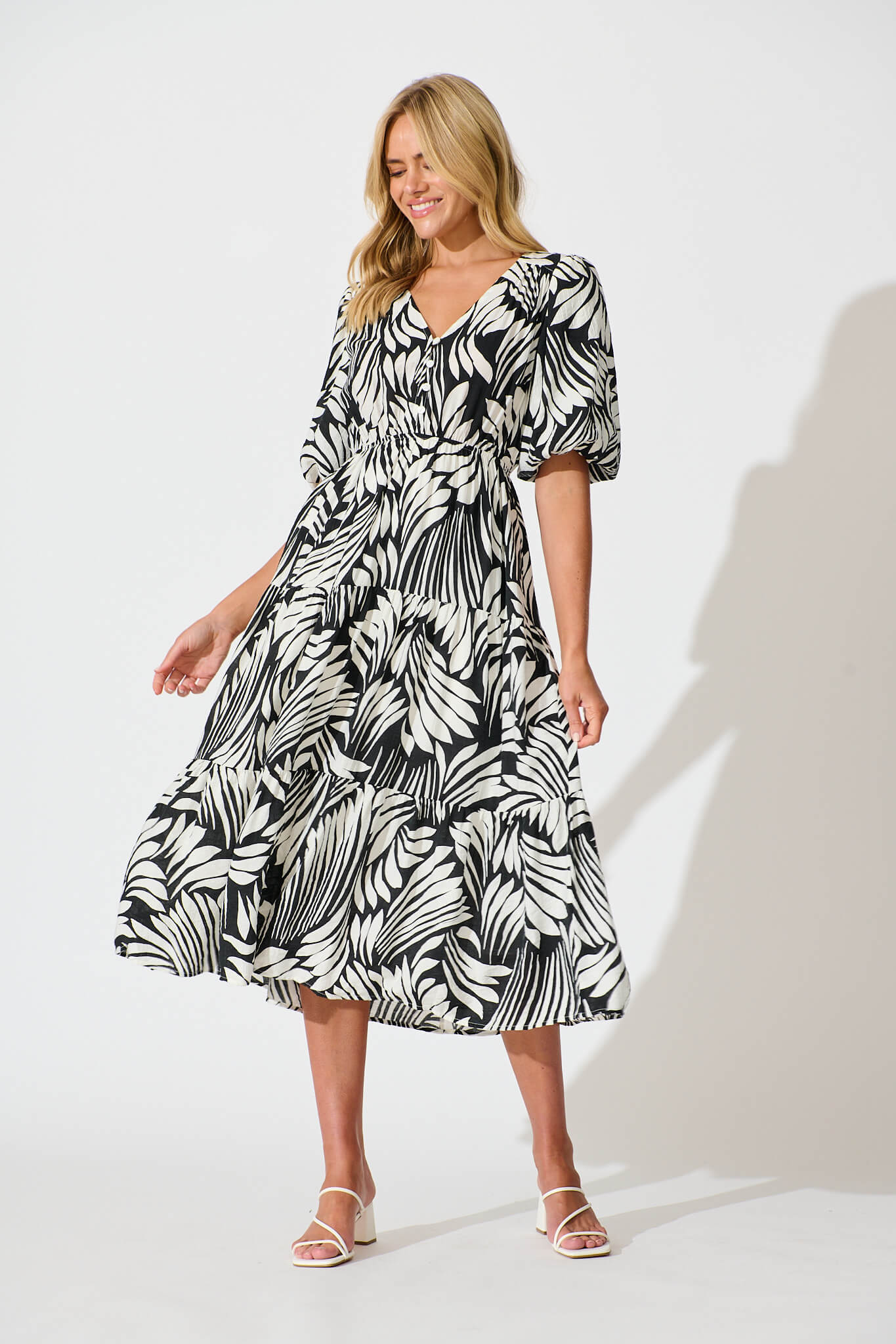 Baltimore Midi Dress in Black with Cream Leaf Print